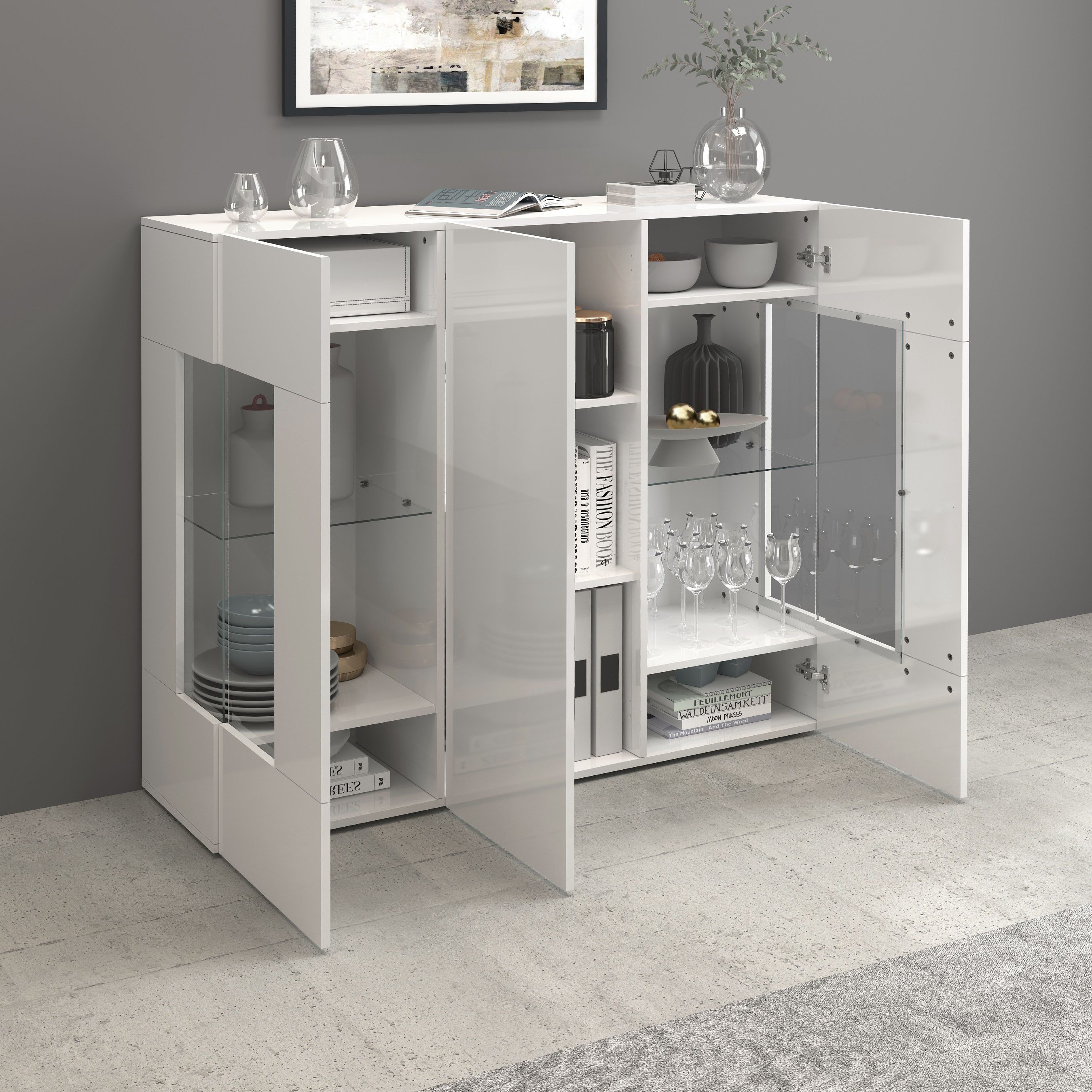 INOSIGN Highboard Egypte, Highboard, Hoge kast, Hoge ladekast, Vitrine met 3 deuren waarvan 2 met glaselement, volledig hoogglans gelakt, breedte 135