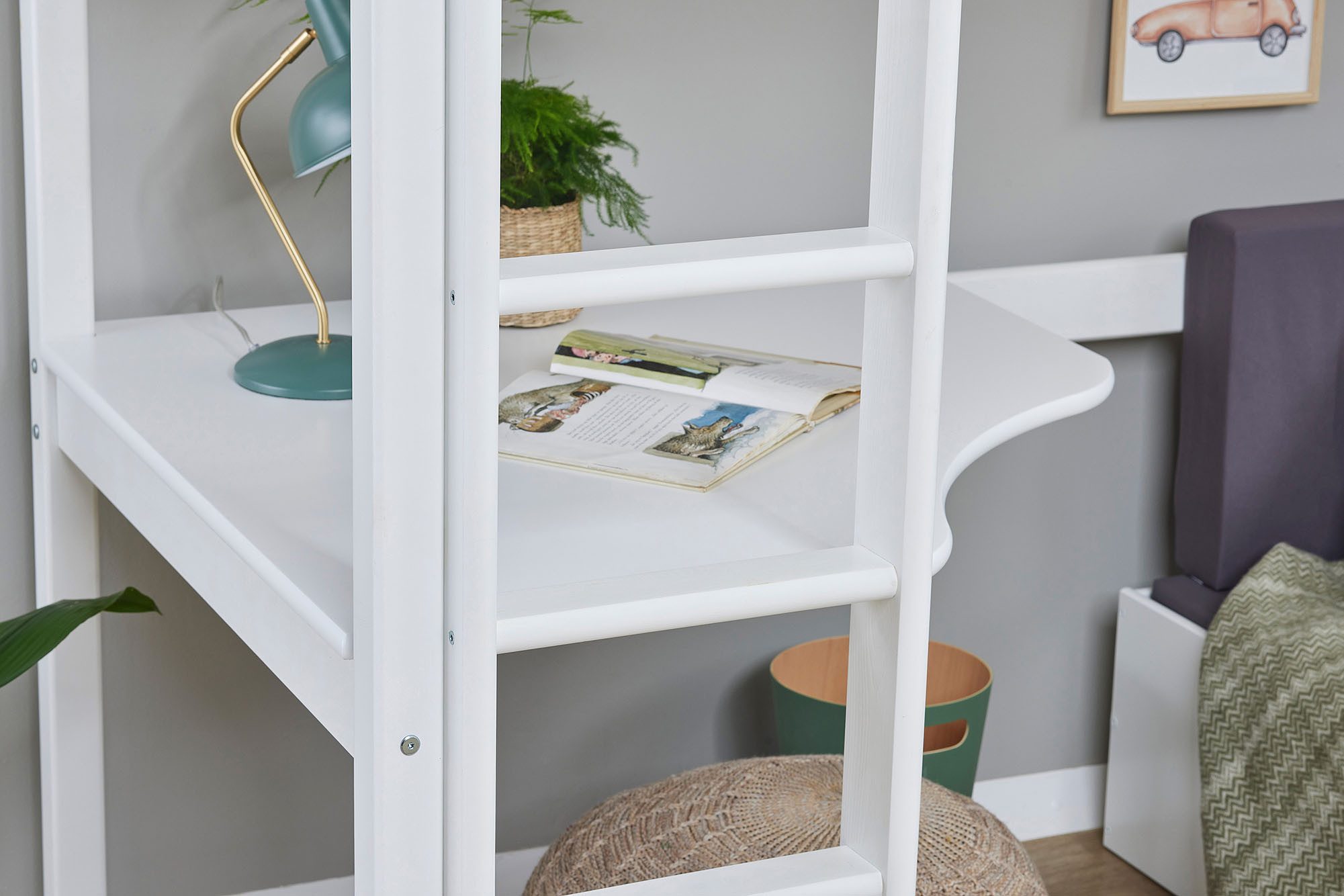 Hoppekids Hoogslaper ECO Dream 90x200 met bureau & loungebank / logeerbed Kinderbed van massief hout, bank uitschuifbaar tot logeerbed