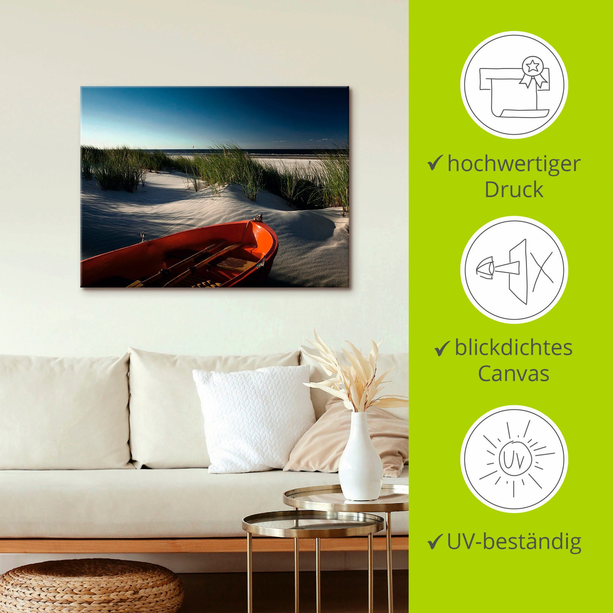 Artland Artprint op linnen Rode boot op het strand...