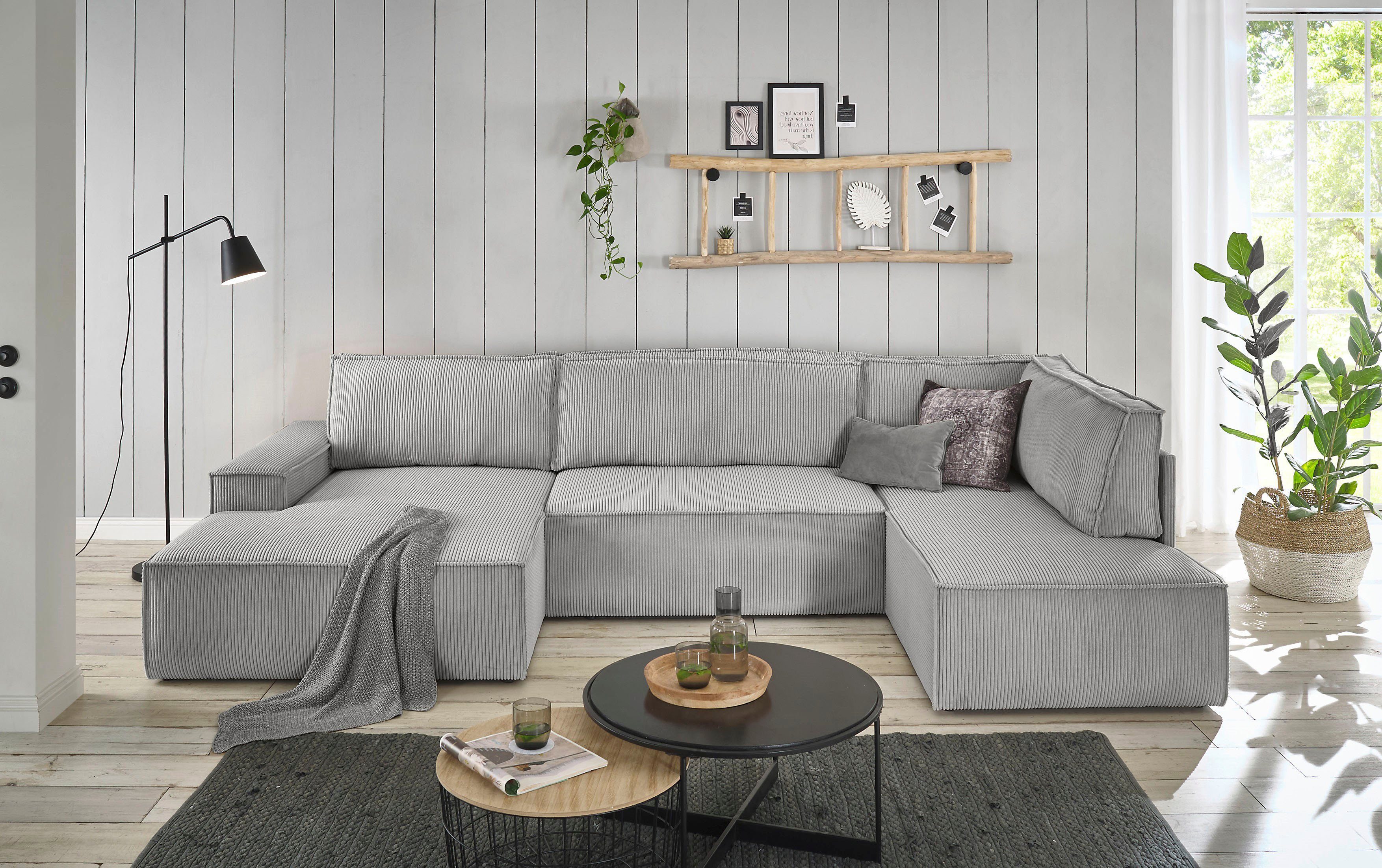 Home affaire Zithoek SHERWOOD 329 cm, U-vorm, slaapbank, Slaapfunctie met bedkist (194x139 cm), cord, vintage, fluweel