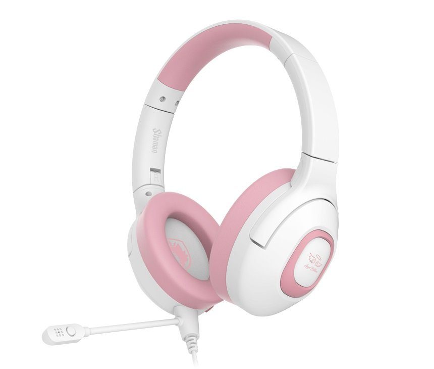 Sades Gaming-headset Shaman SA-724 gaming headset, wit/roze, USB, bedraad Stereo, over-ear, PC, PST, Xbox, Nintendo Switch, VR, Telefoon