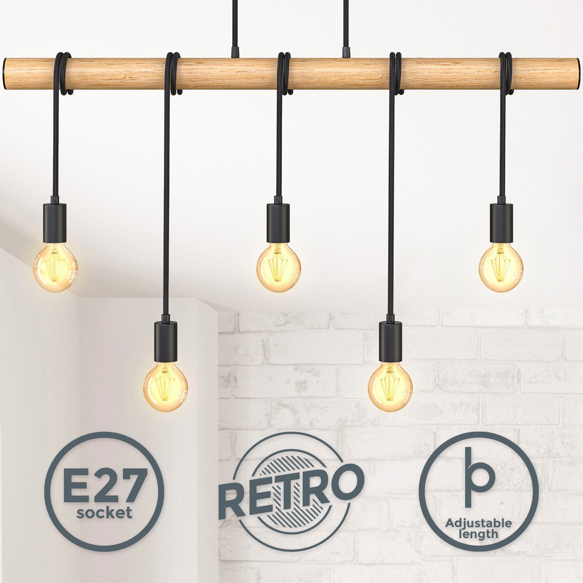 B.K.Licht Hanglamp BK_PL1339 Houten eettafel hanglamp, mat zwart 5-vlamig, e27-fitting, zonder lichtbron (max. 60w), l: 90 cm (1 stuk)