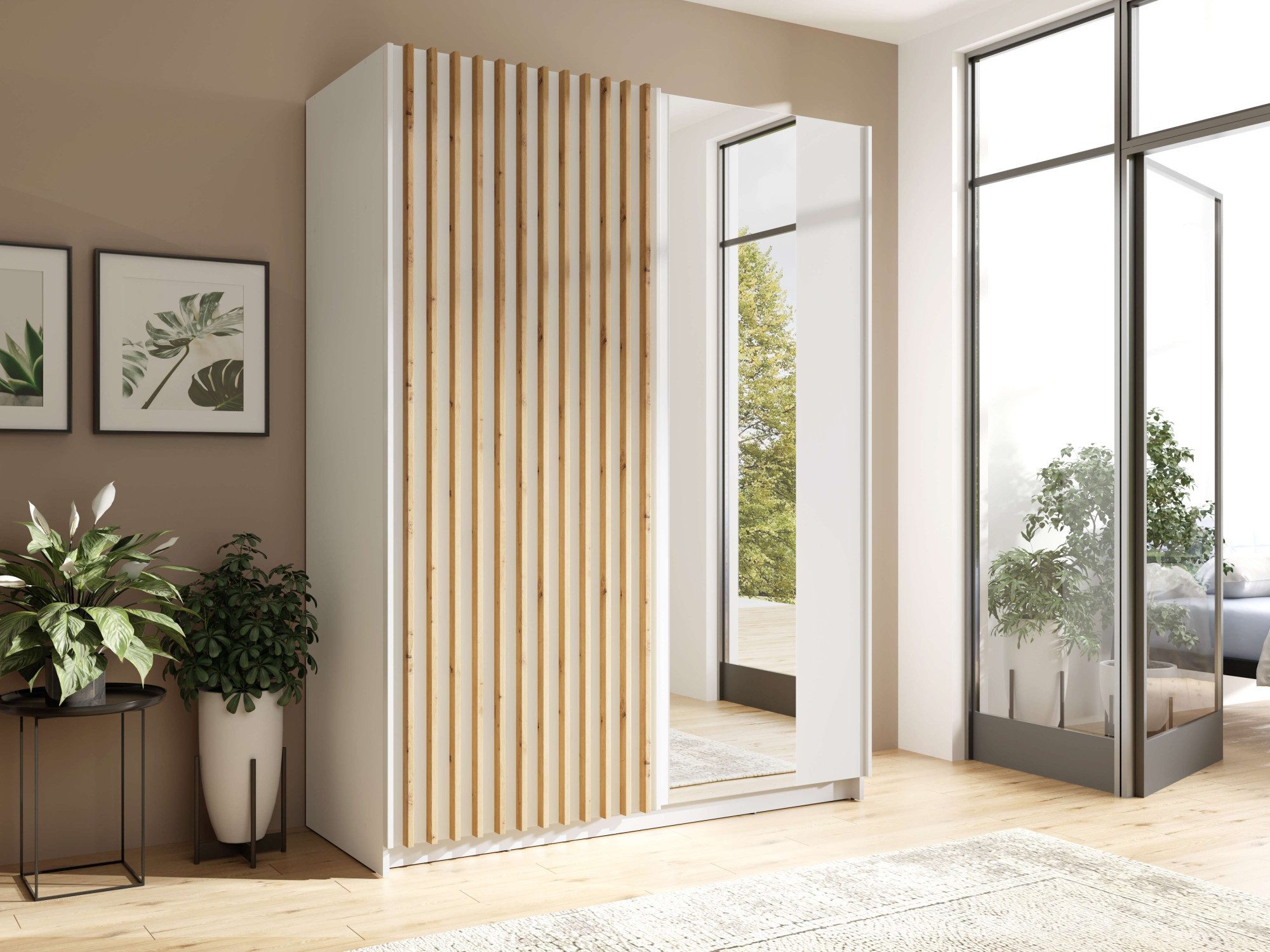 INOSIGN Kledingkast Camden met spiegel, 4 legplanken en kledingstang Garderobe met 2 schuifdeuren en lamellen, BxHxD 150,5x198,5x61,6 cm