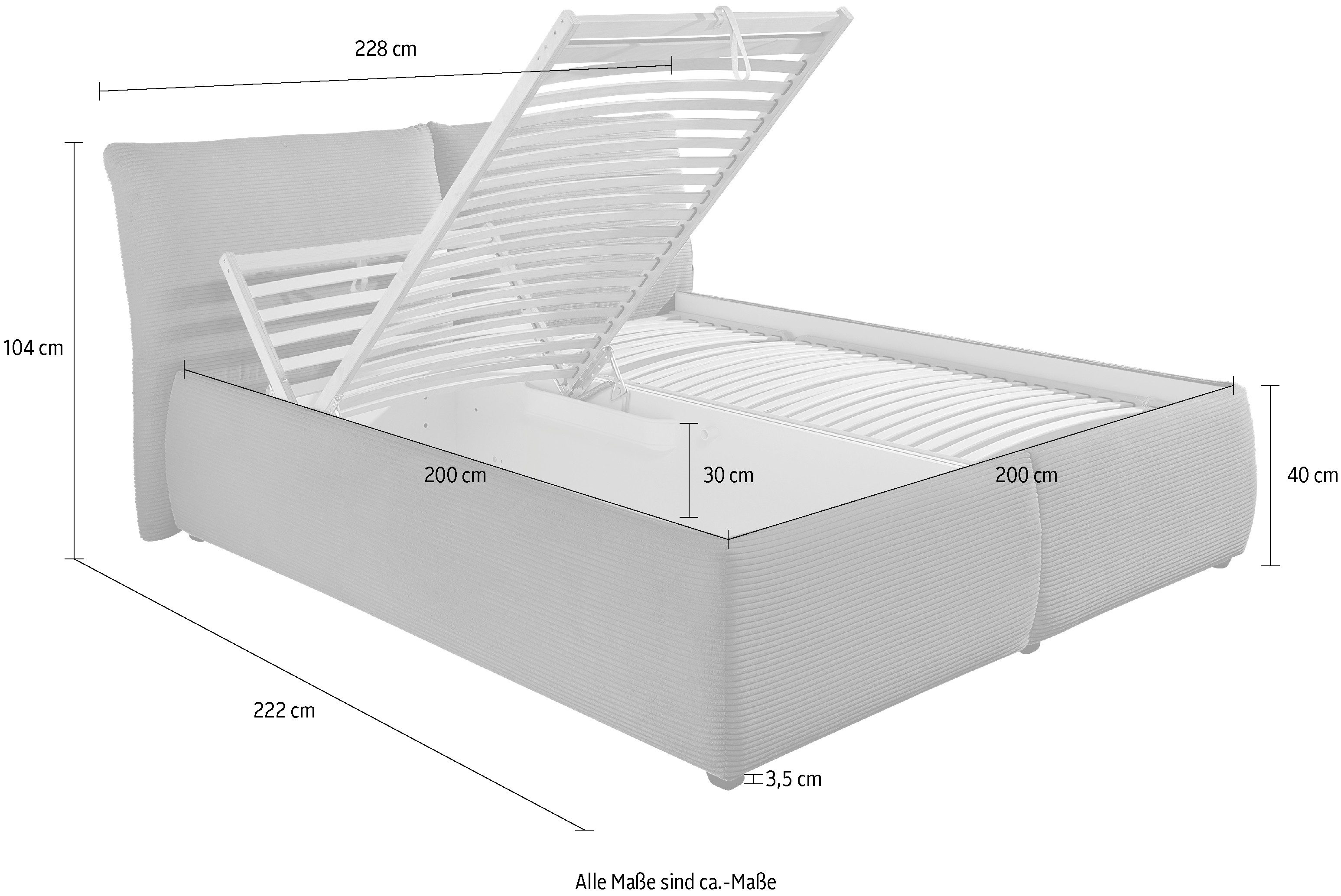 Maintal Gestoffeerd bed Wiesenbach, met cord-stof optioneel in hardheidsgraad h2, h3 of h4