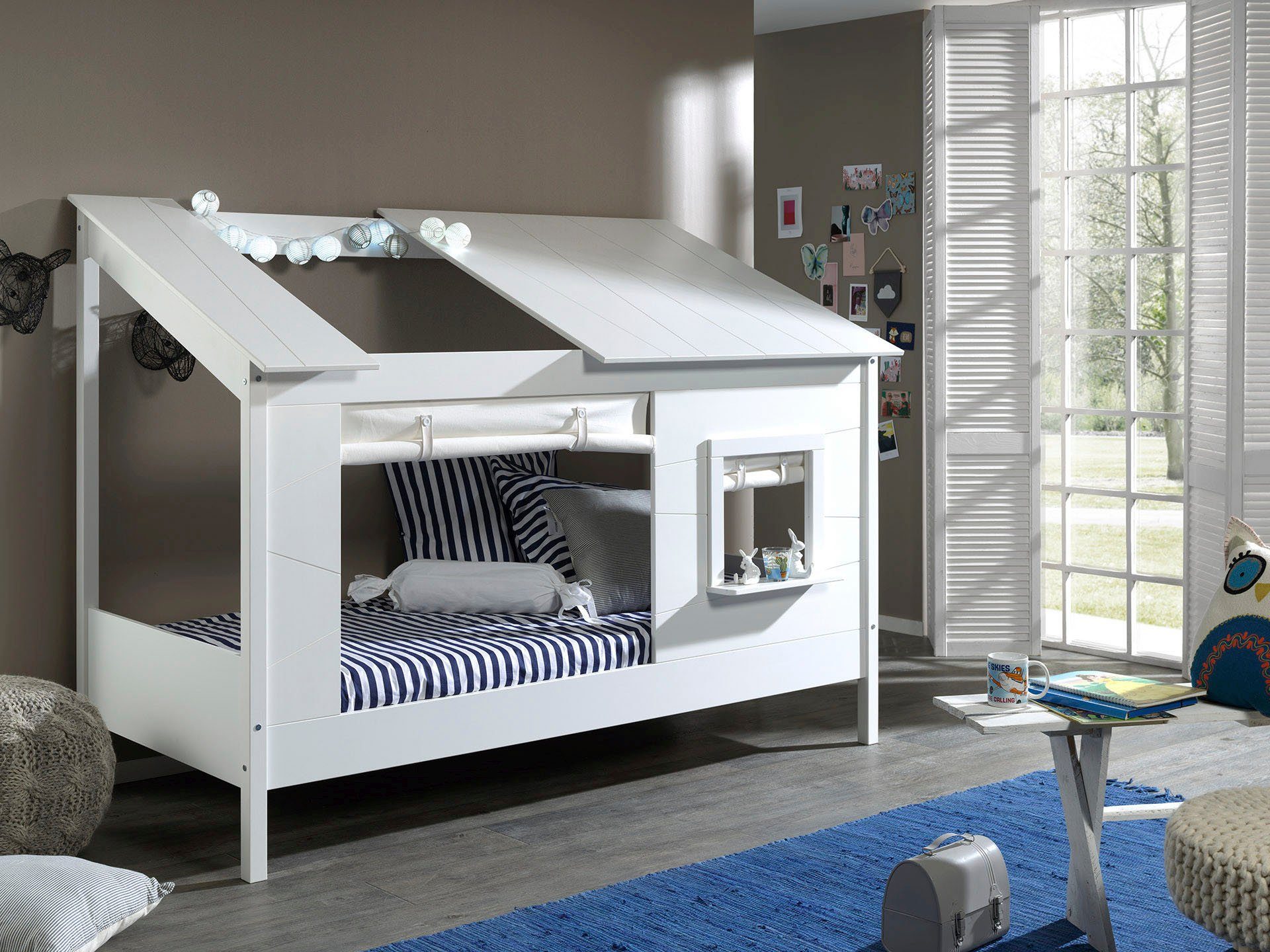 Vipack Huisbed met gordijnenset, open dak, ligoppervlak 90x 200 cm, wit gelakt eenpersoonsbedden wit