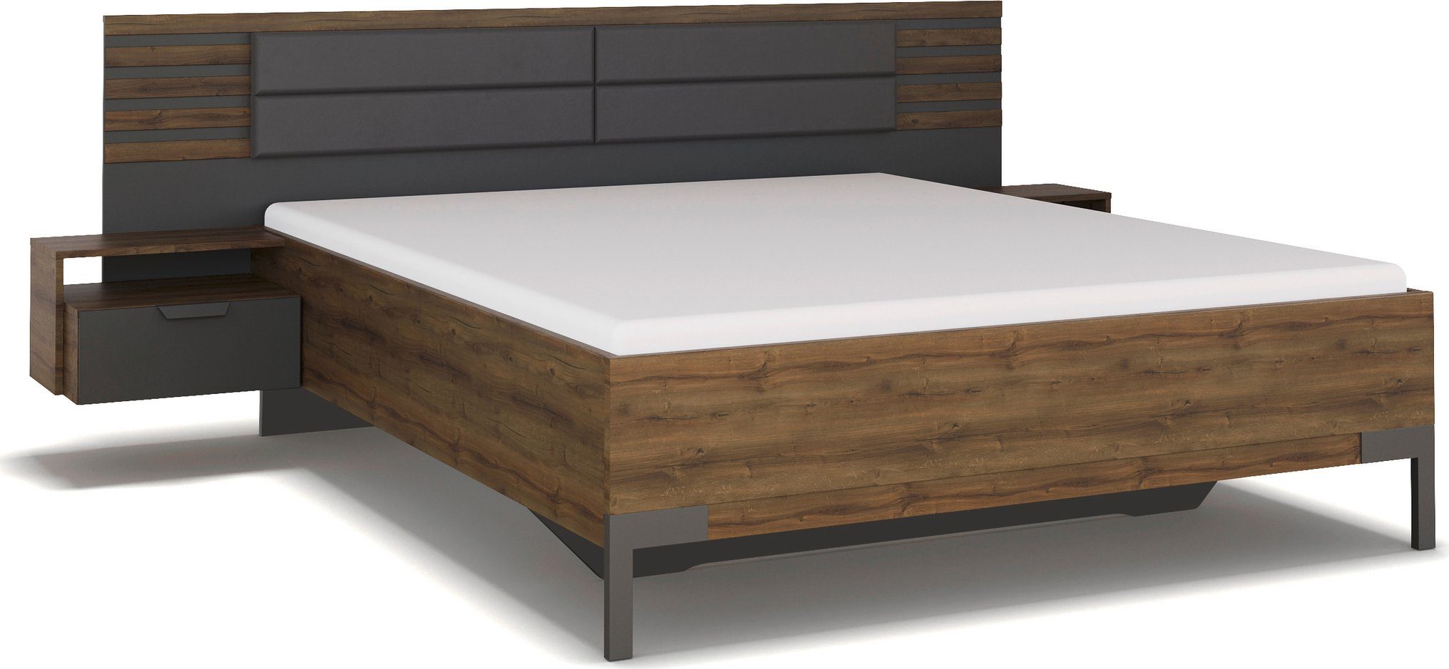 rauch Ledikant Bed Tweepersoons Futonbed BAREA met hangende nachtkastjes en hoofdbord met gestoffeerd kussen