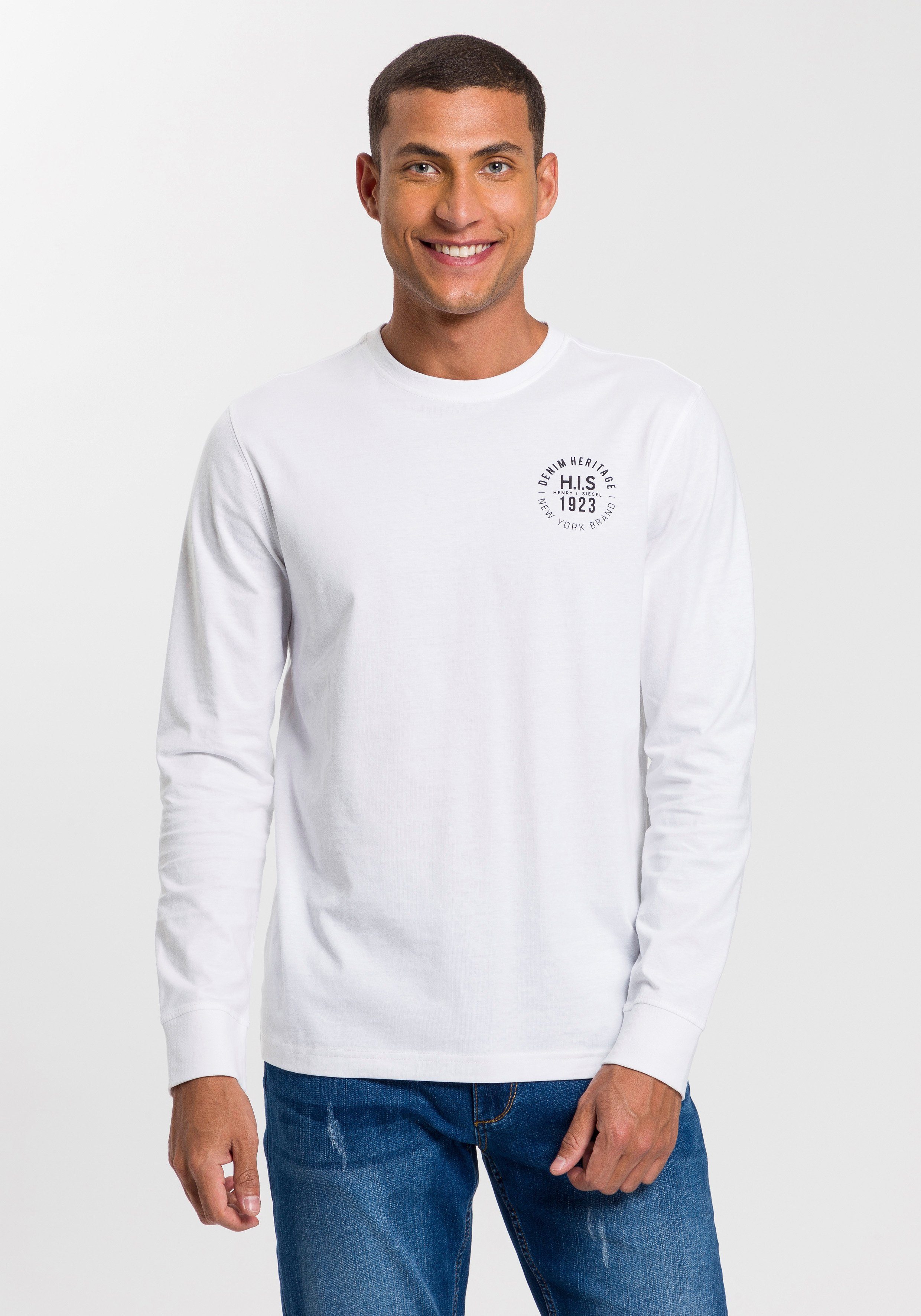 H.I.S Shirt met lange mouwen Lange mouwen, bedrukt, ronde hals, van 100% katoen (2-delig, Set van 2)