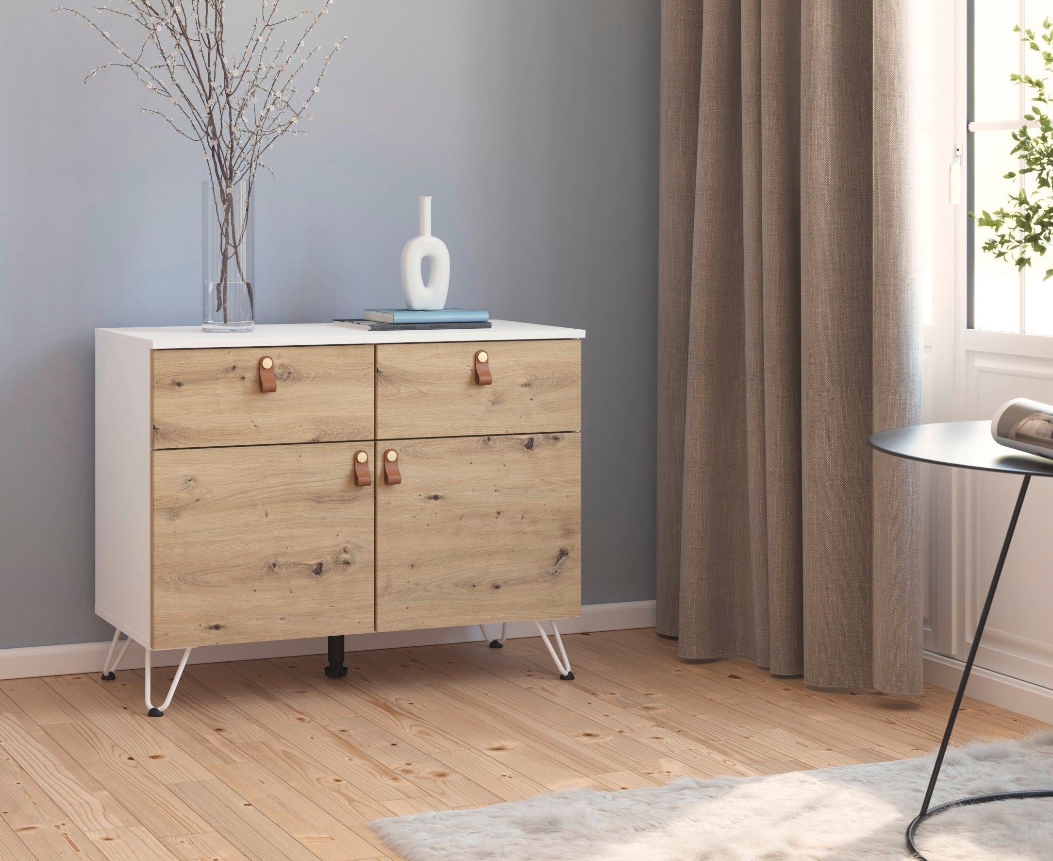 rauch Kast met laden en deuren Homey by Aditio met greeplussen van leer, 2 laden met soft-closefunctie