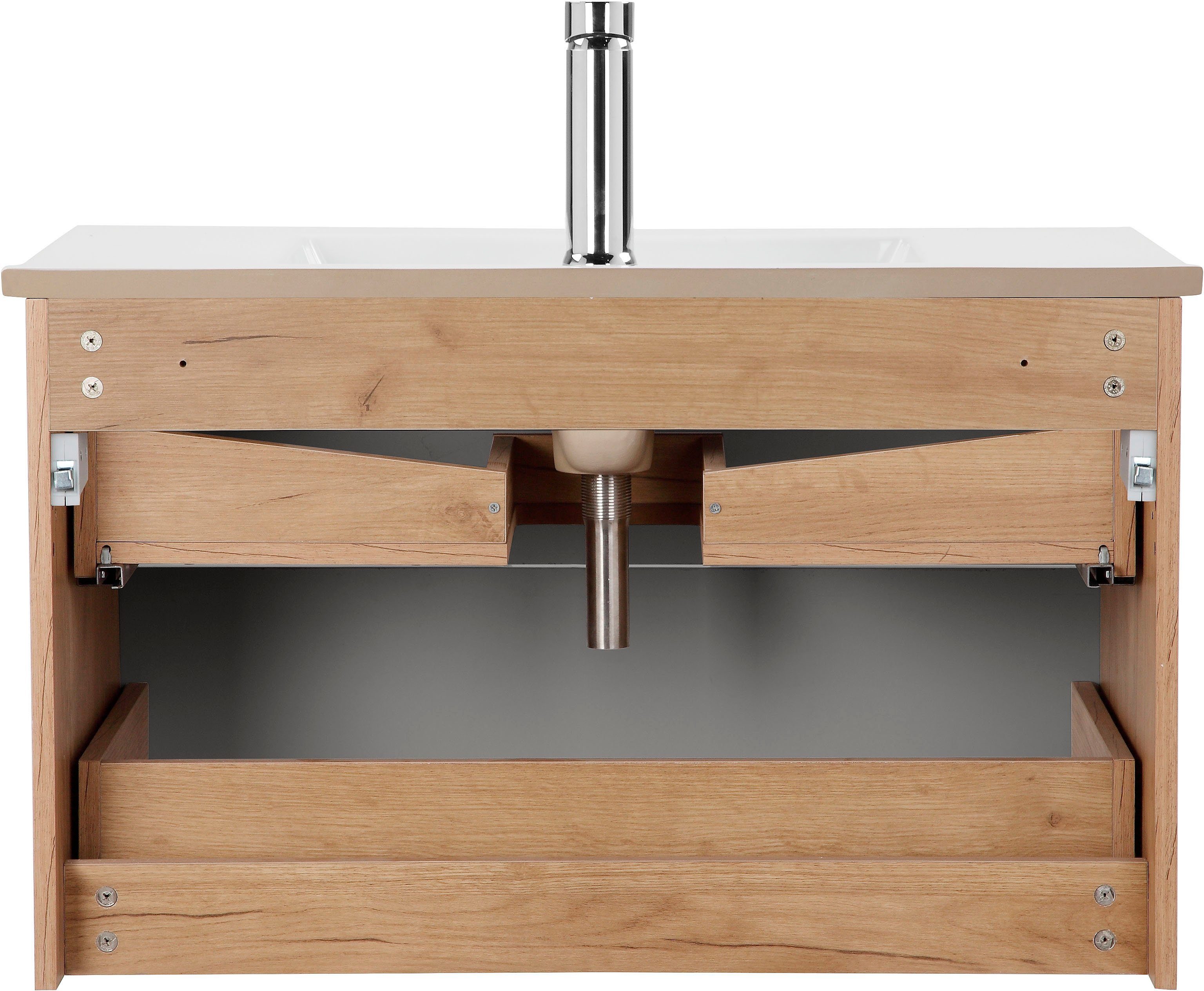 welltime Badkamerserie Lund badkamermeubelset badkamerkast badkamerset Wastafelonderkast, spiegelkast en bekken breedte 80 cm (complete set, 3-delig)