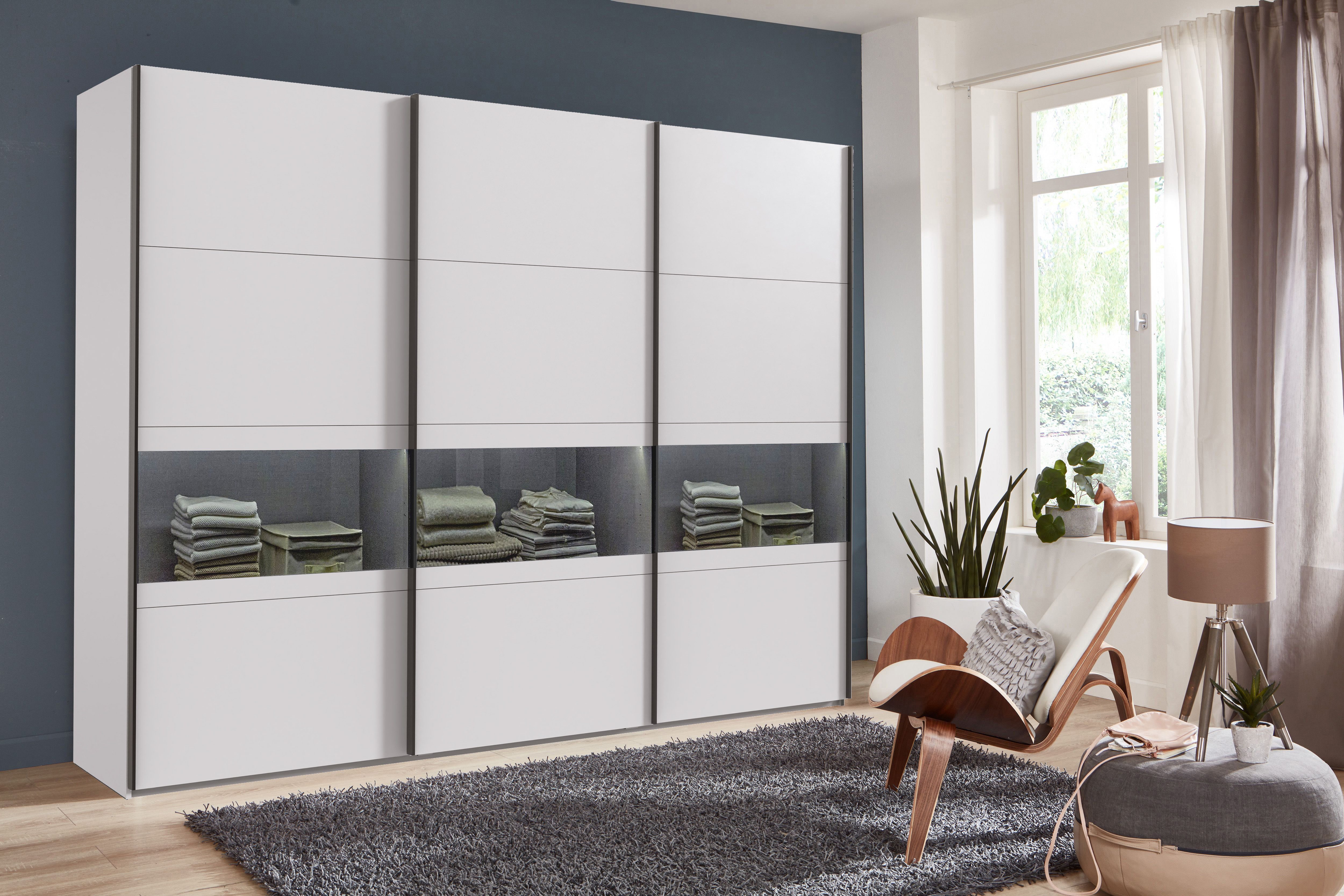 Wimex Schuifdeurkast Easy Plus, kledingkast Made in Germany met glazen inzet/ rookglas, vele breedtes beschikbaar, zwarte handgrepen