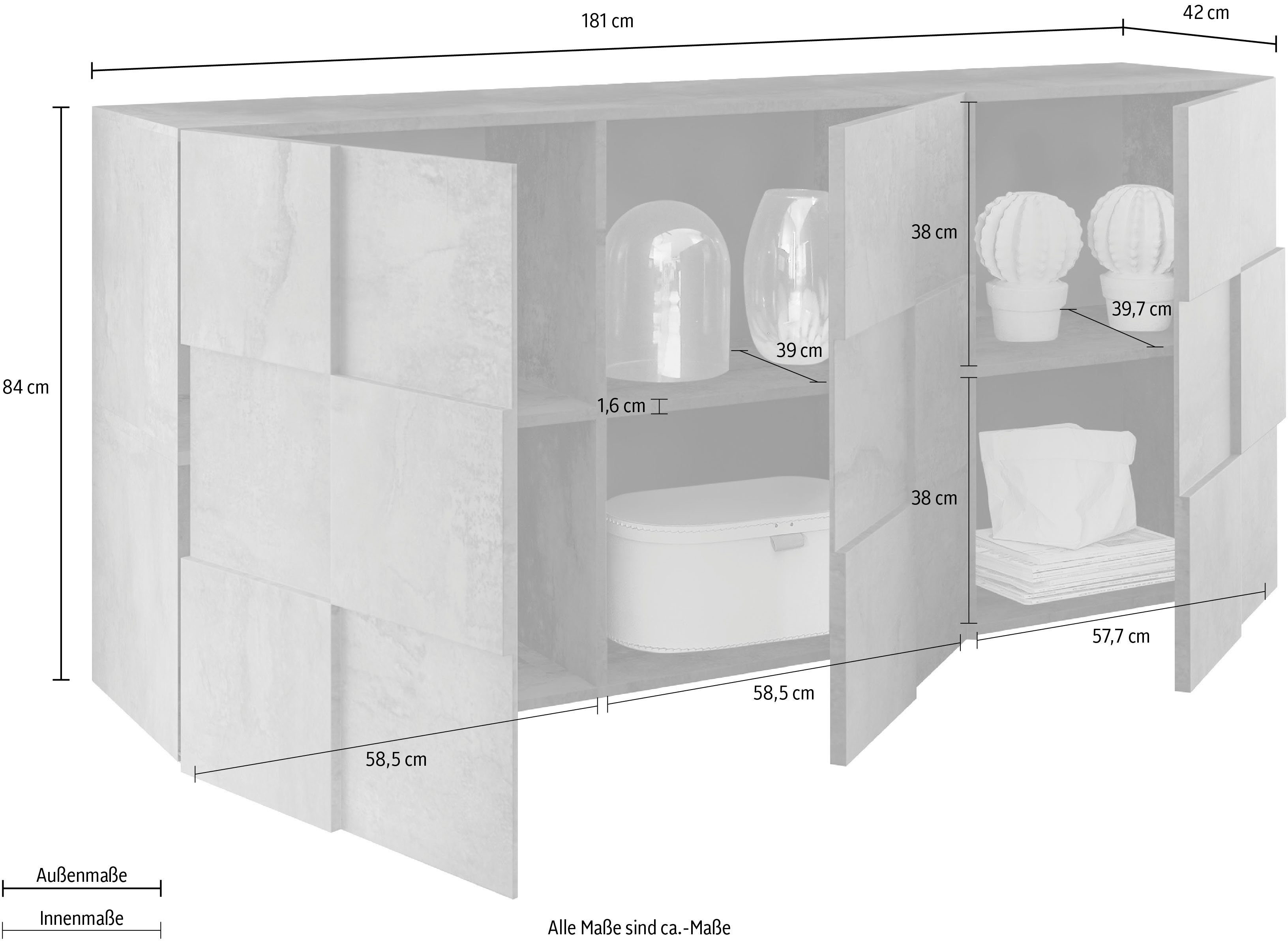 INOSIGN Dressoir Dama Breedte 181, Commode 3 deuren, Dressoir Front in 3D-uiterlijk, veel opbergruimte, verschillende kleuren
