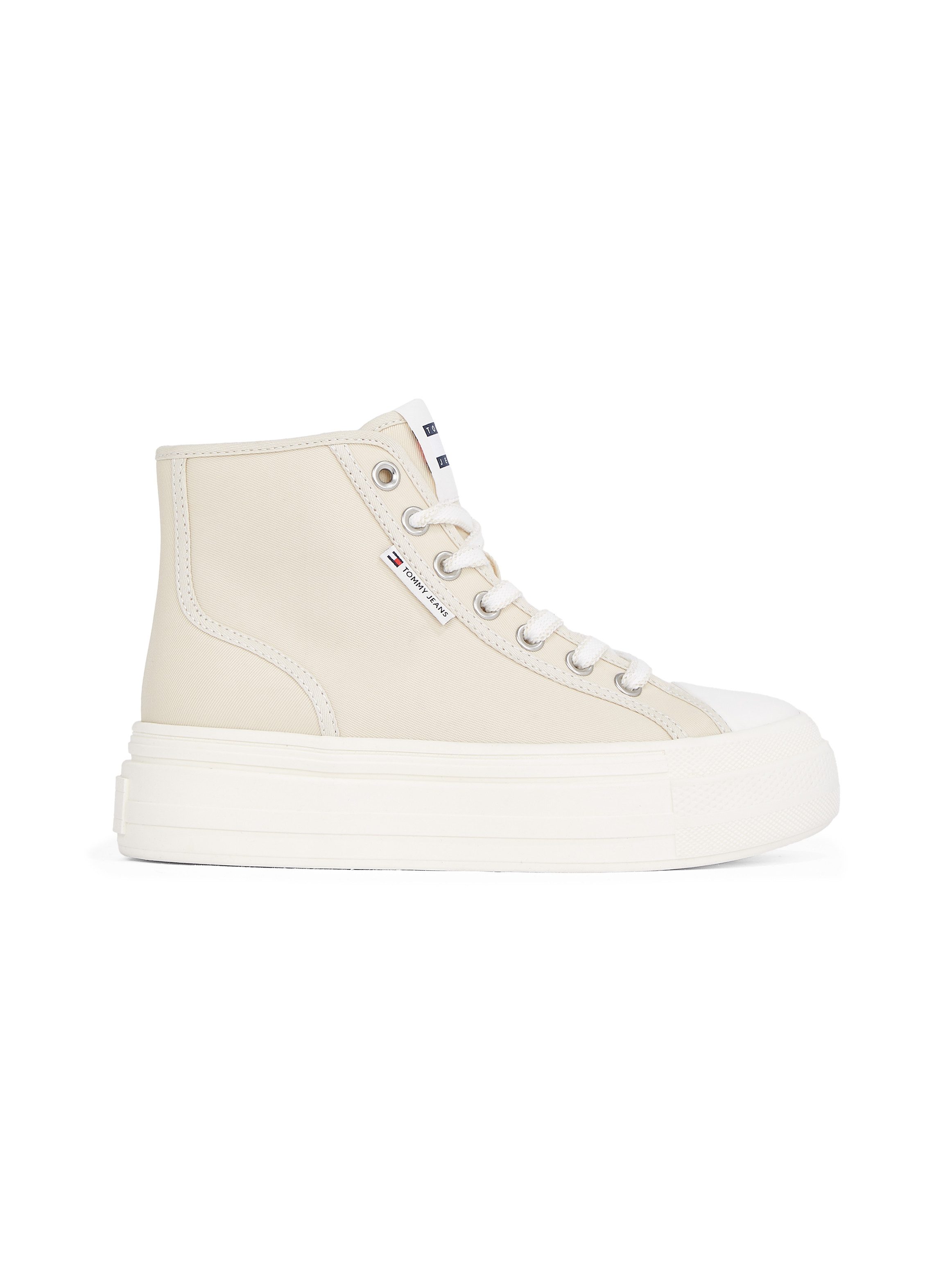 TOMMY JEANS Plateausneakers TJW FOXING FLATFORM SNEAKER HIGH vrijetijdsschoen, veterschoenen, high top sneaker met contraststiksels