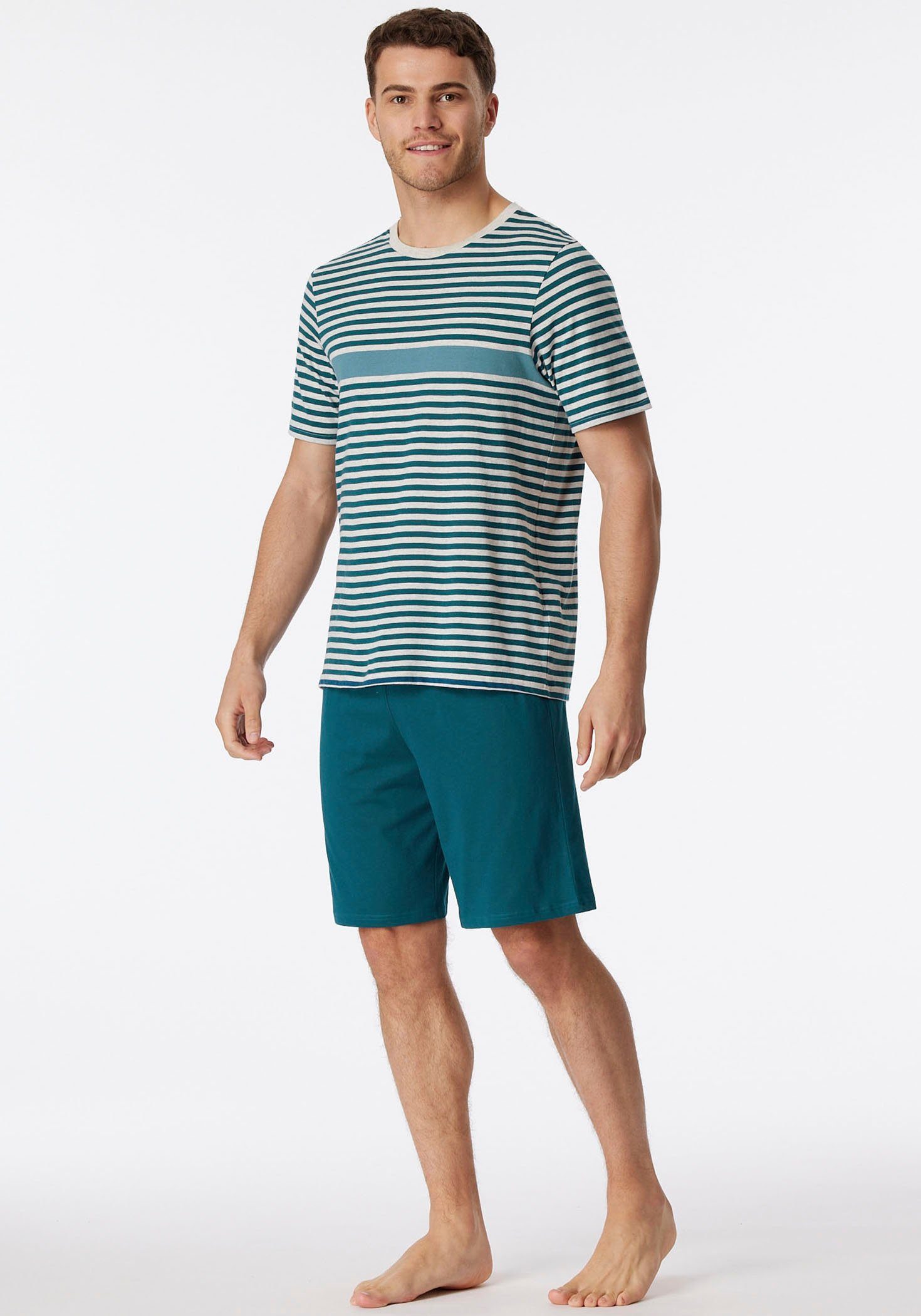 Schiesser Shortama "Casual Nightwear" met gekleurd contraststrepen en geribbelde ronde hals (2-delig) heren shortama's maat 48 (S) blauw
