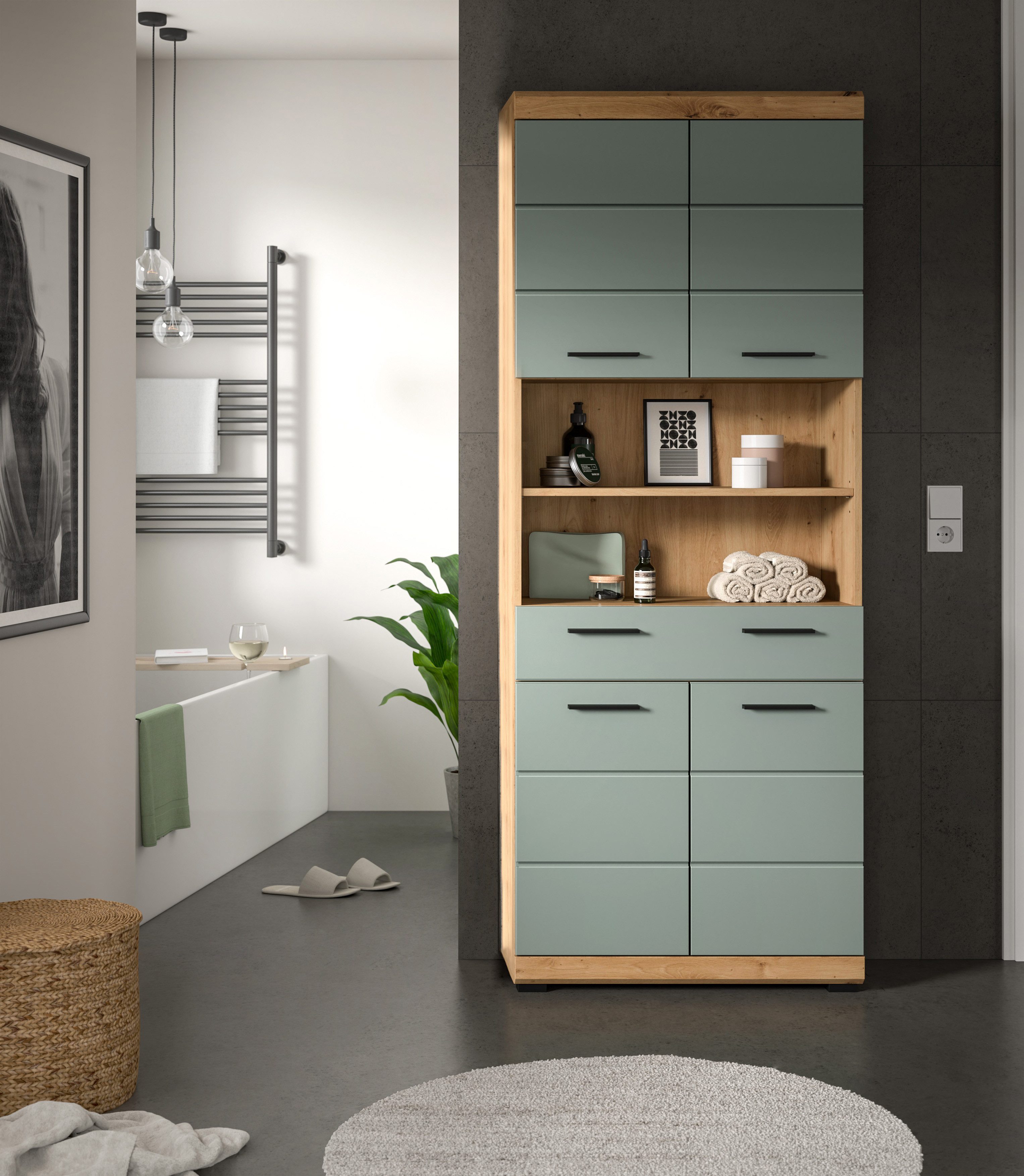 INOSIGN Hoge kast Siena, breedte 74 cm, 4 deuren, 1 lade, 2 open vakken, MDF-front in verschillende kleuren verkrijgbaar, badkamermeubels, badkamerkast, kast, badkamer
