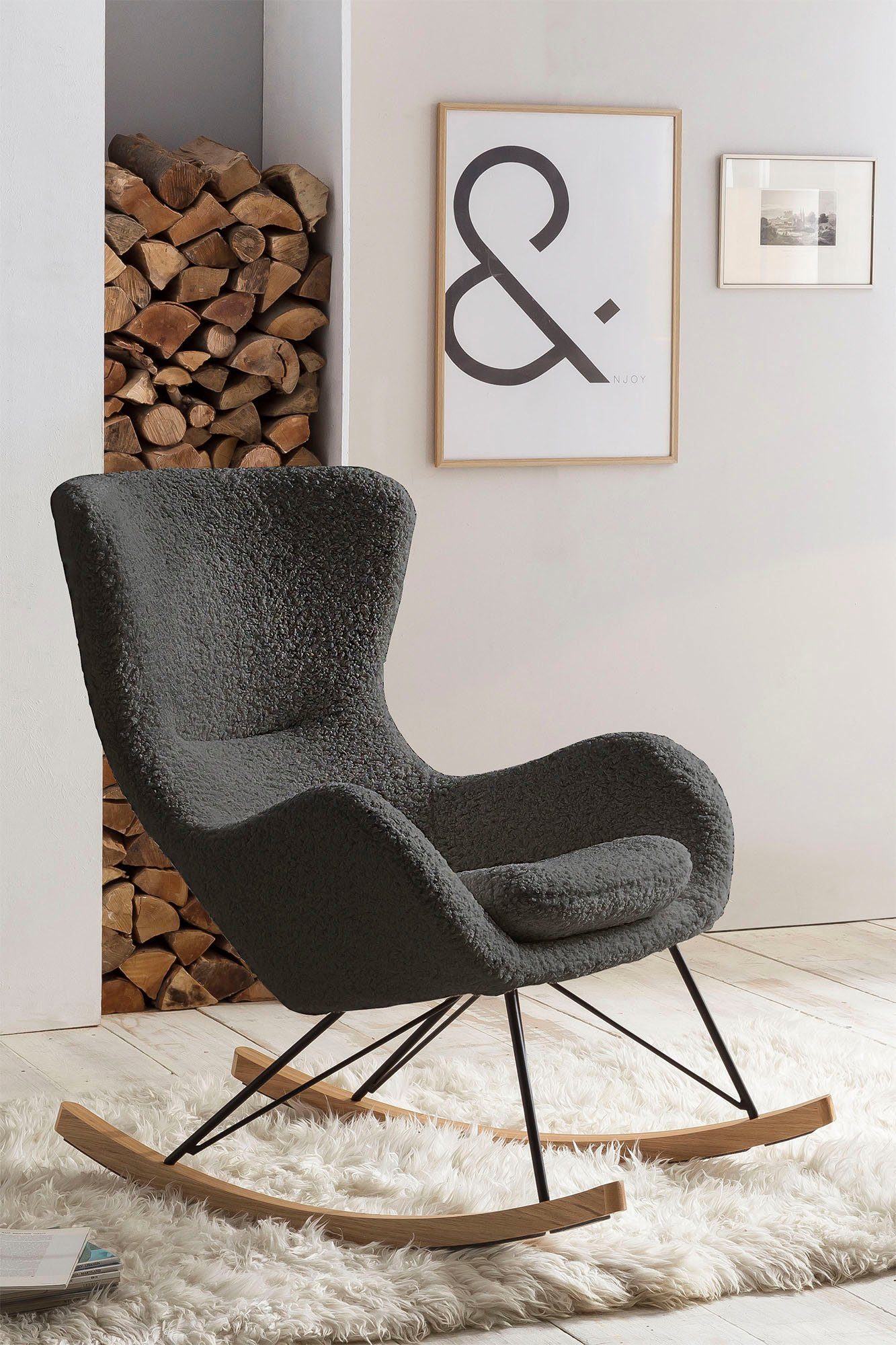 SalesFever Schommelstoel met bekleding in imitatiebont look fauteuils grijs