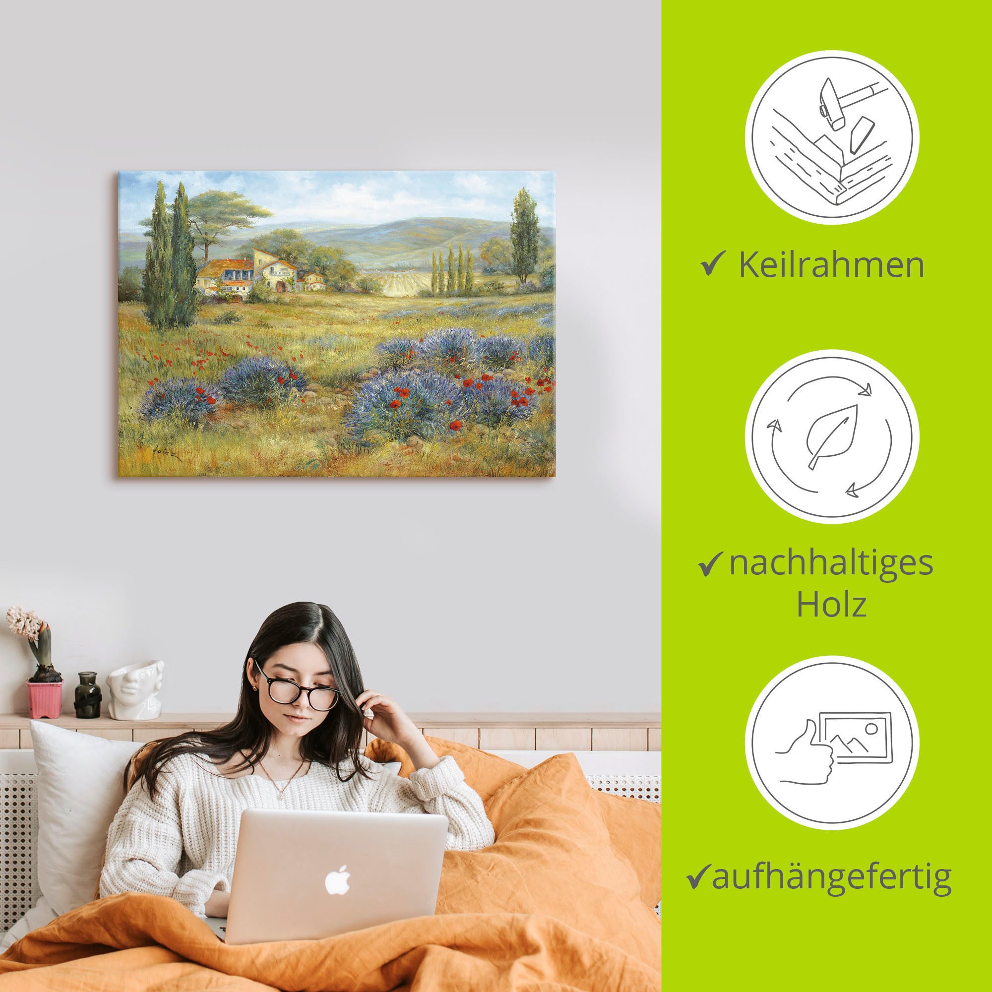 Artland Artprint op linnen Provence lavendelweide gespannen op een spieraam