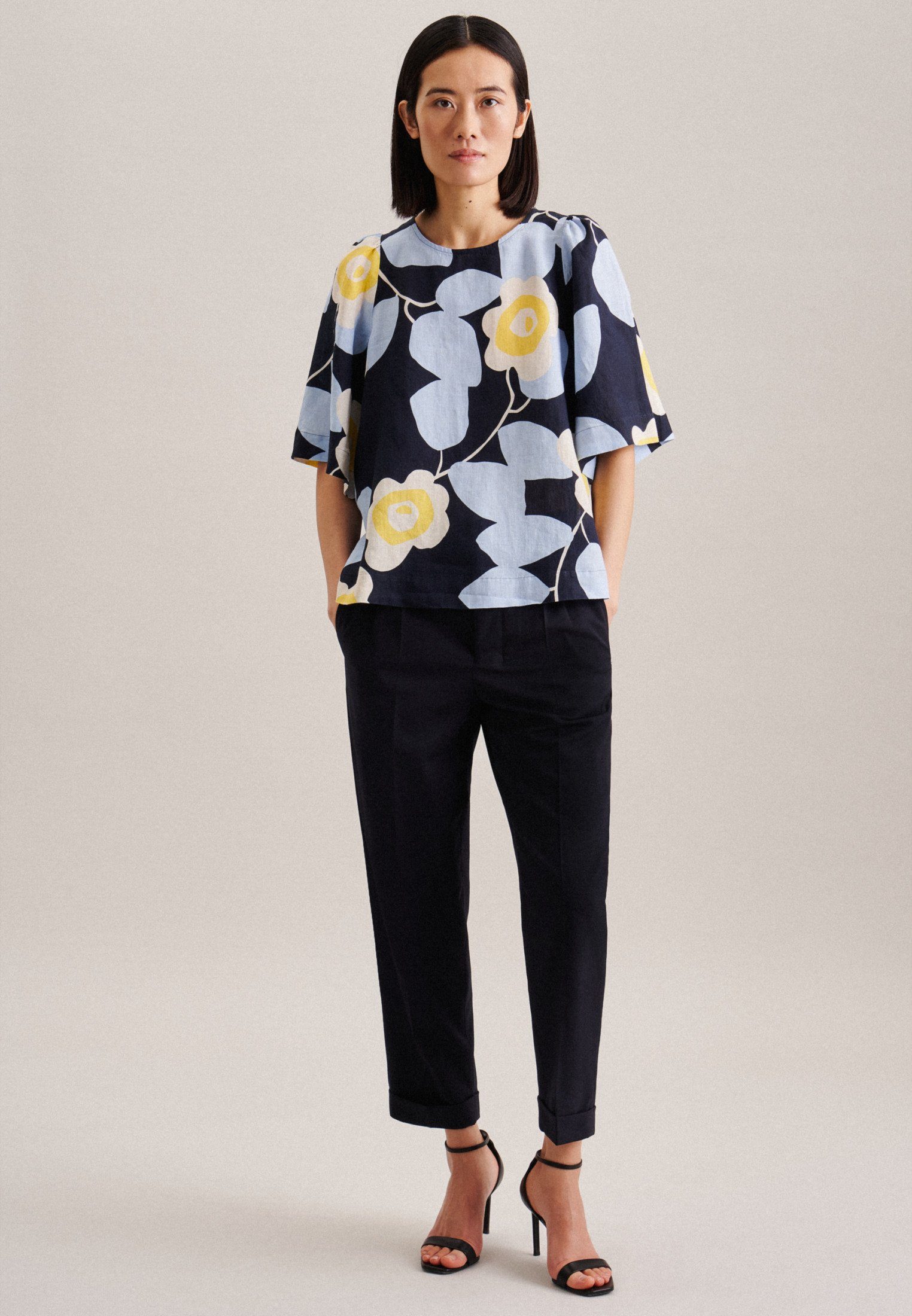 seidensticker Shirtblouse Zwarte roos Korte mouwen ronde hals print
