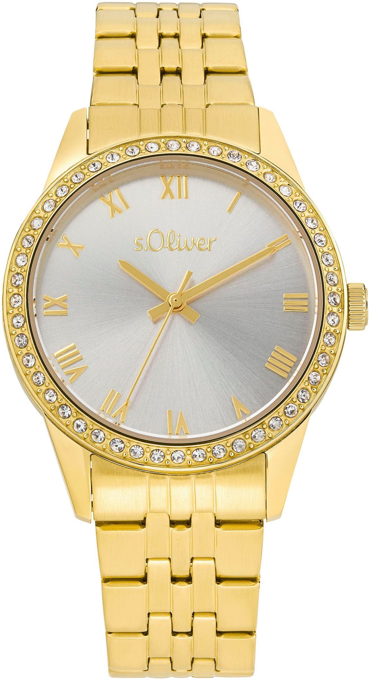 s.Oliver Kwartshorloge Armbandhorloge, dameshorloge, analoog, zirkonia (synth.), roestvrij staal armband dames horloges goud(kleur)