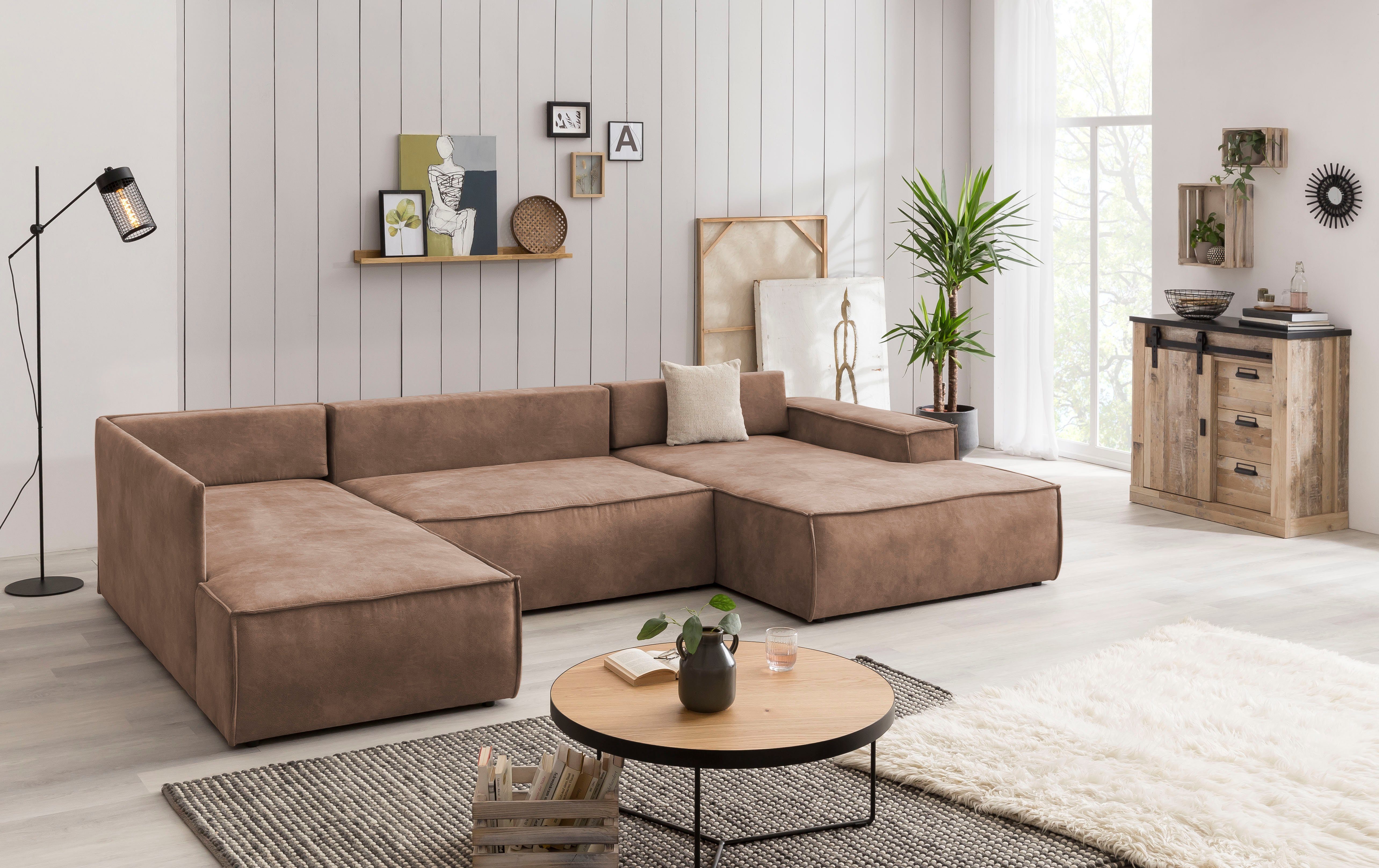 Home affaire Zithoek SHERWOOD 329 cm, U-vorm, slaapbank, Slaapfunctie met bedkist (194x139 cm), cord, vintage, fluweel