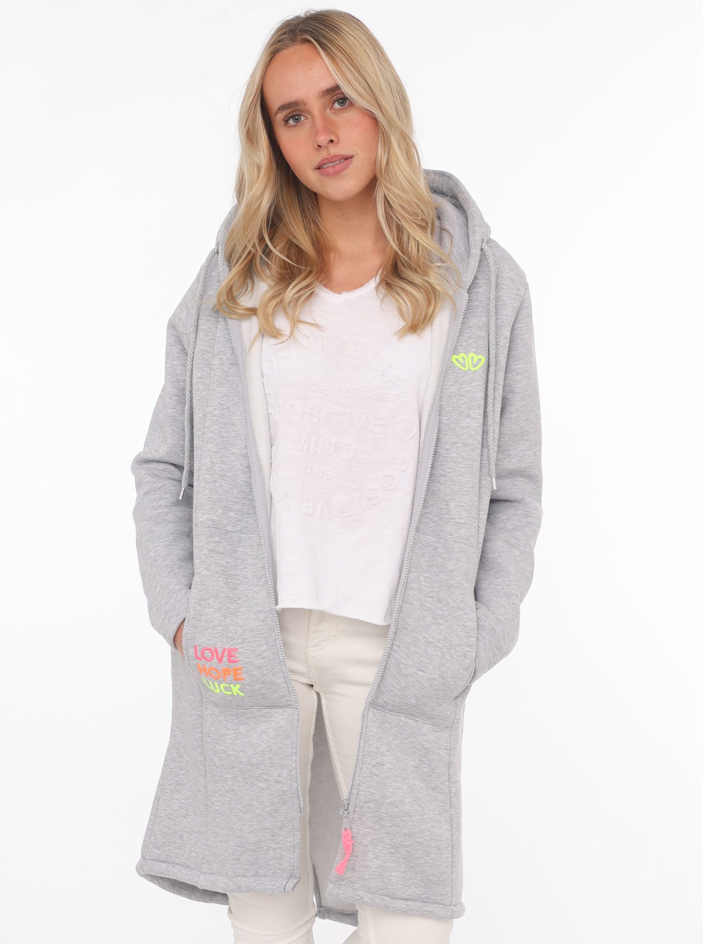 Zwillingsherz Capuchonsweatvest met capuchon, rugprint en kleinere frontprints