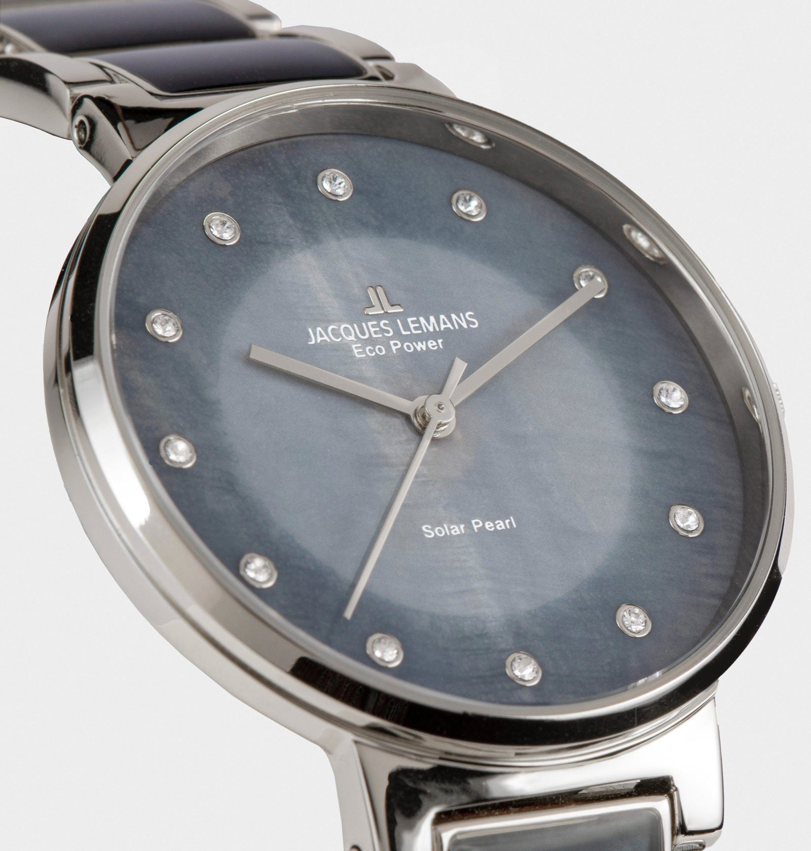 Jacques Lemans Solarhorloge Eco Power, 1-2108A Polshorloge, dameshorloge, parelmoer wijzerplaat, Swarovski-kristallen