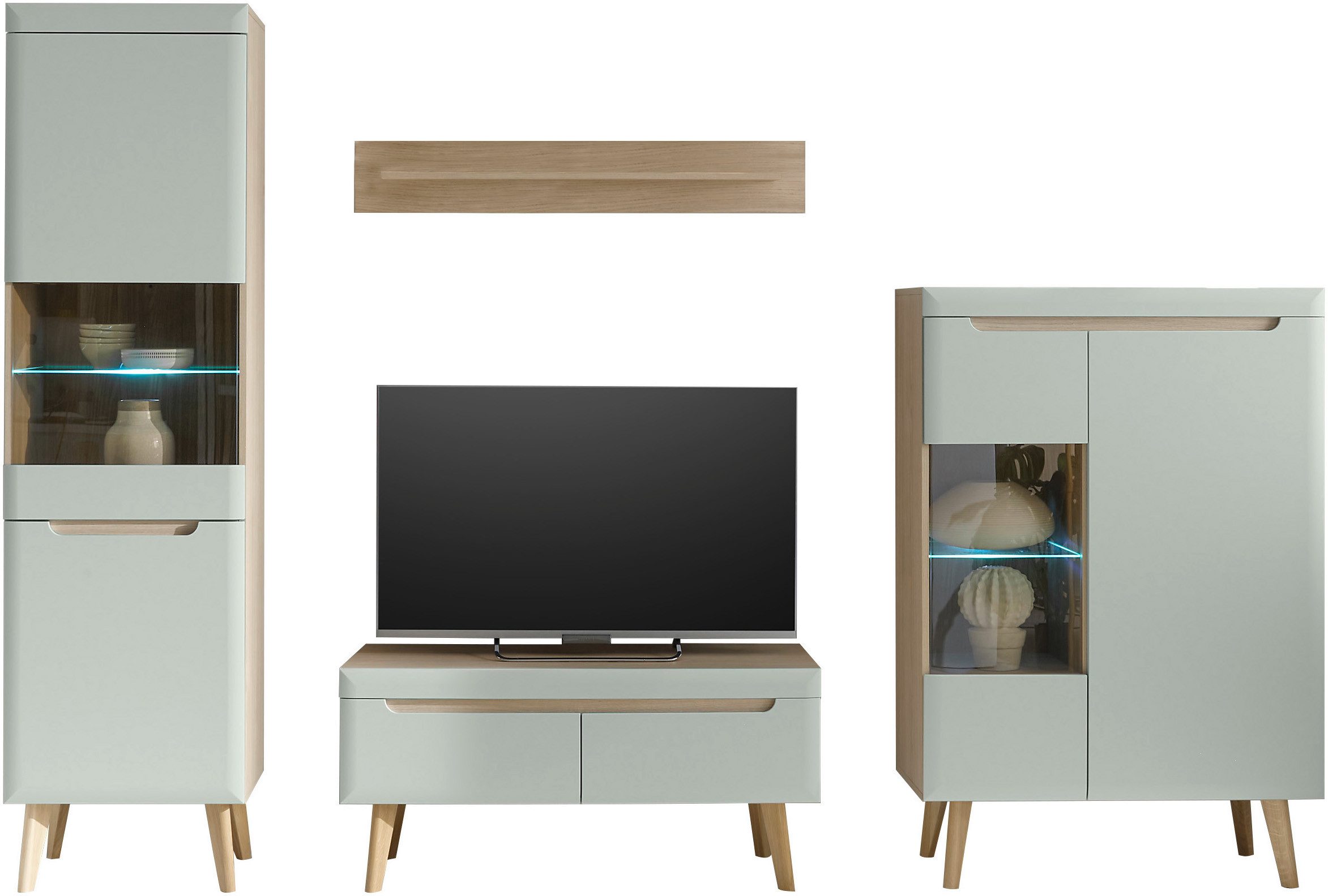 INOSIGN Wandmeubel Torge, wandmeubel, kastwand, mediawand, woonkamer-set bevat 2 vitrines, 1 lowboard + 1 wandplank, 290 cm breed (set, 4-delig)