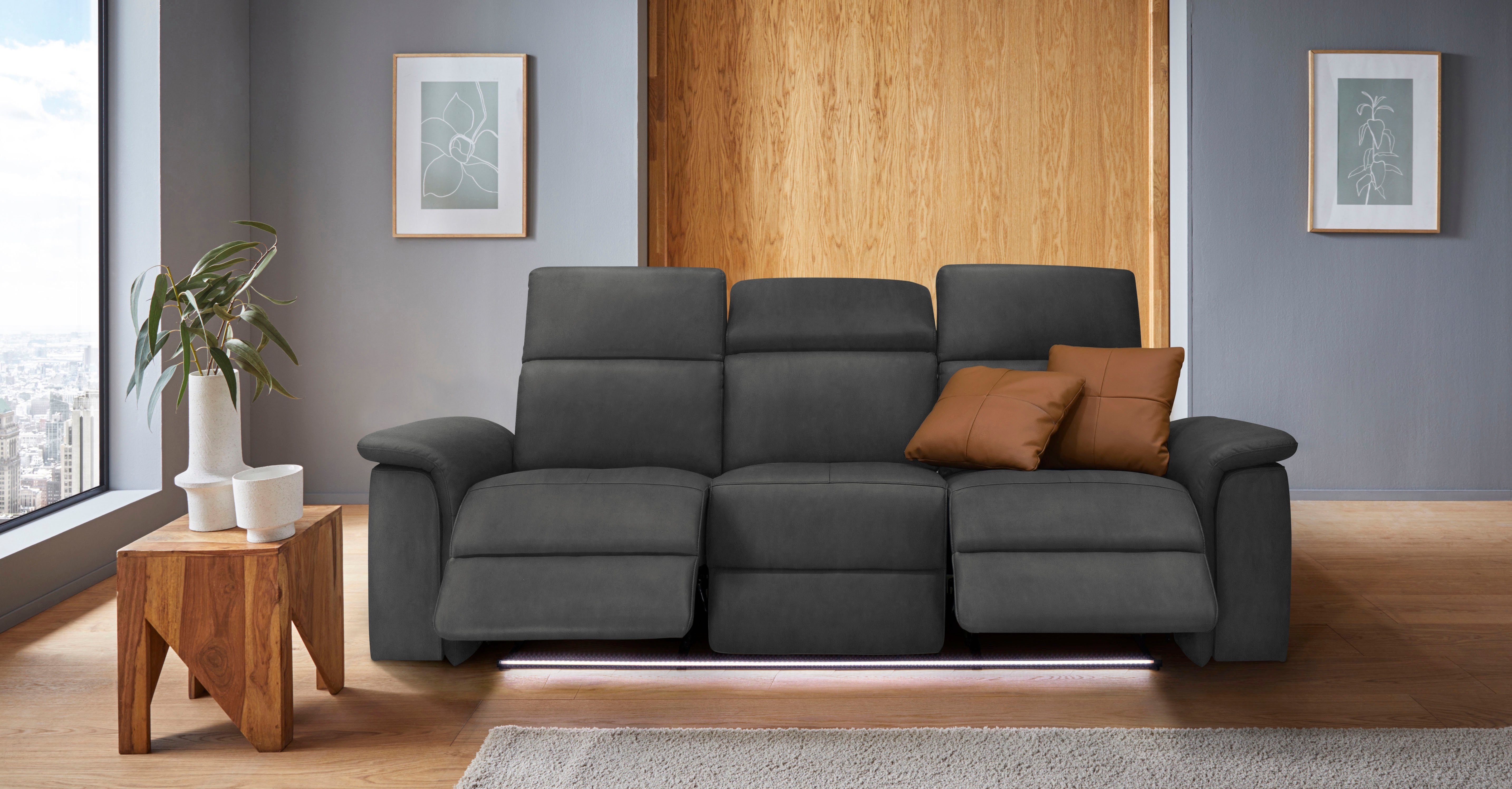 Places of Style 3-zitsbank Pareli 229 cm, handmatige en elektrische relaxfunctie in 2 zits USB, verstelbare hoofdsteun, LED-verlichting, in echt leer, kunstleer, geweven stof