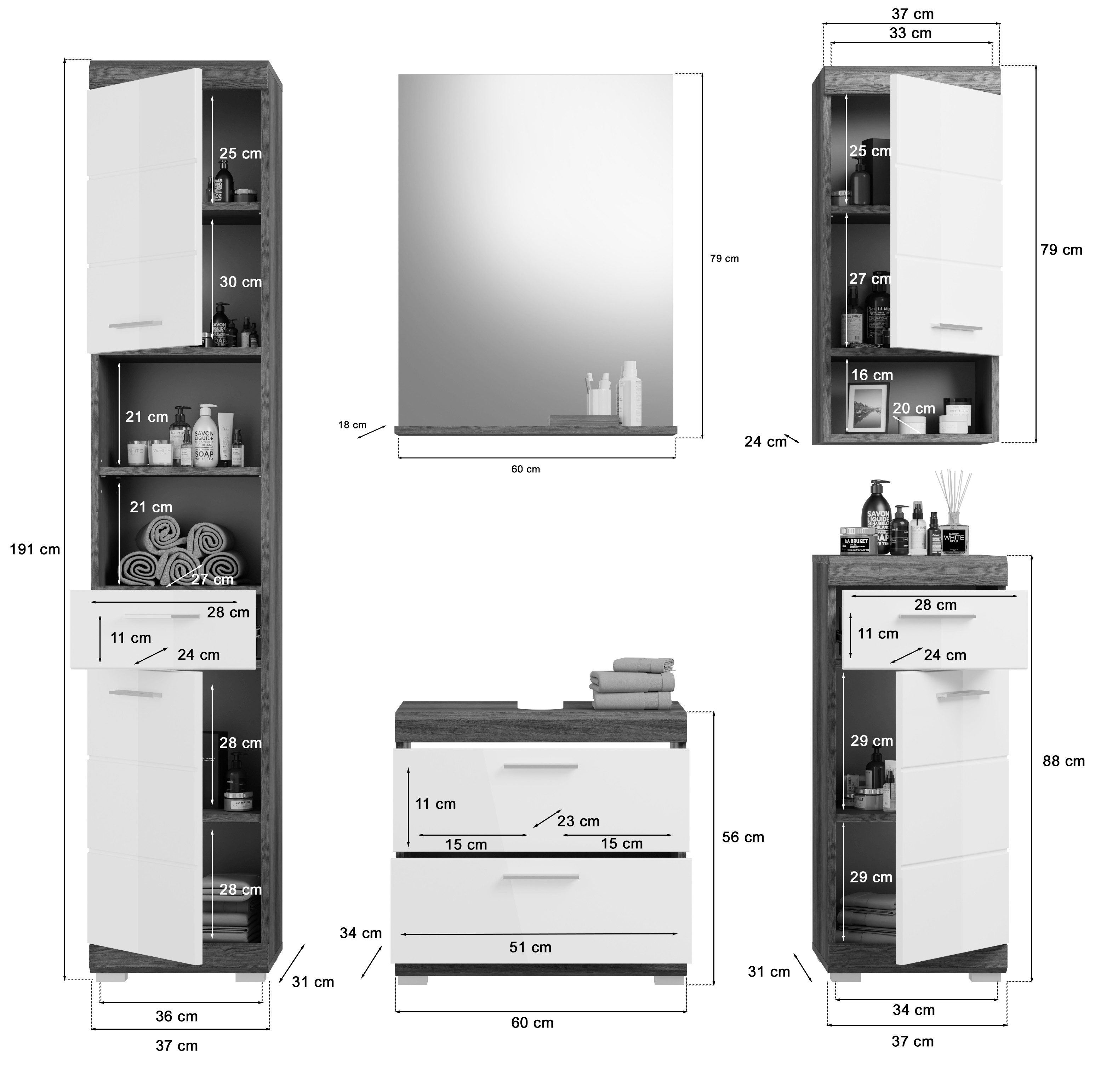 INOSIGN Badmeubelset Siena, 5-delig, bestaande uit: Hoge kast, WBU, spiegel, onderkast, hangkast (set, 5 stuks)