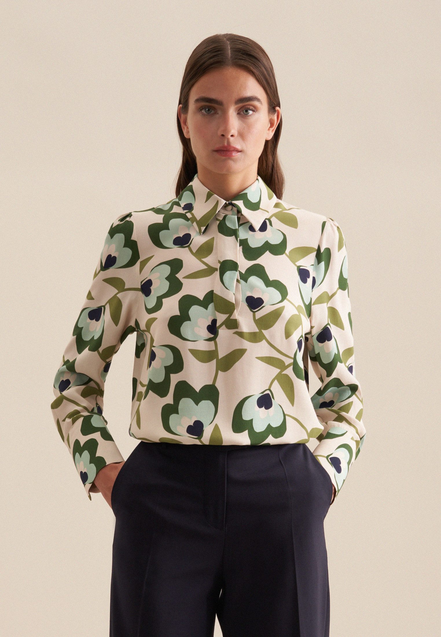 seidensticker Overhemdblouse Zwarte roos Lange mouwen kraag print dames lange blouses maat S (36) groen