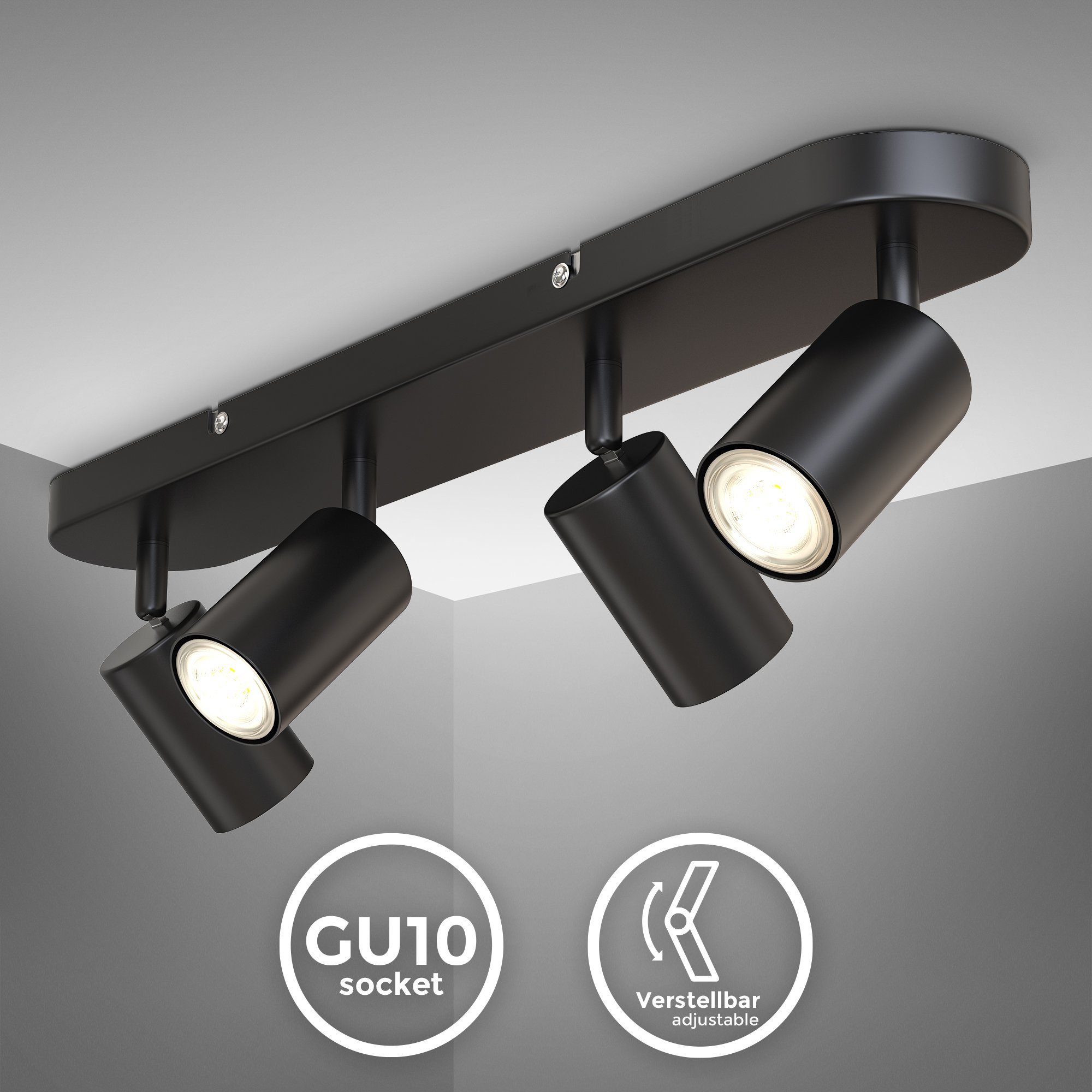 B.K.Licht Plafondspotje 4-vlamige spotlamp, draaibaar, zwart, zonder lichtbron (1 stuk)