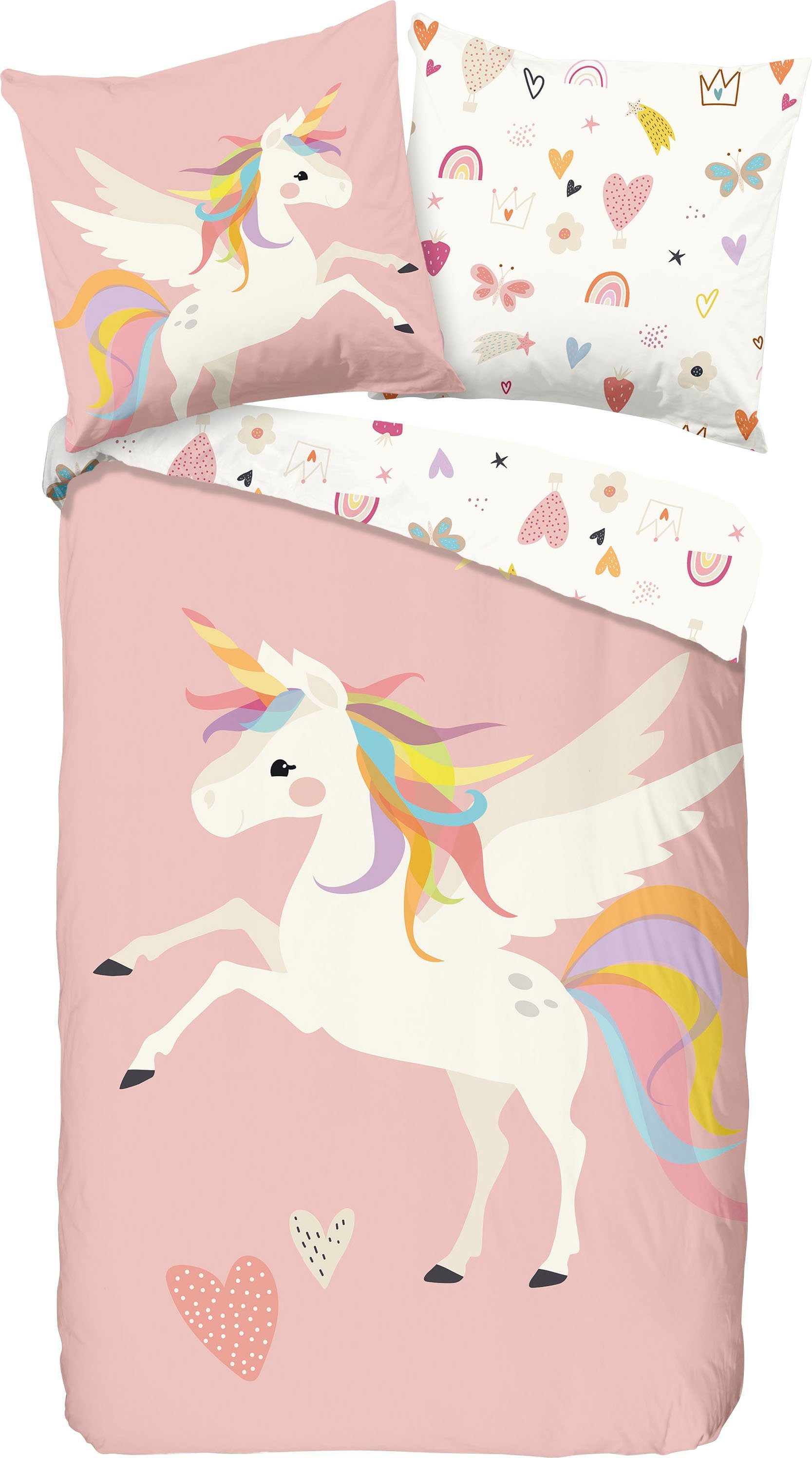good morning Kinderovertrekset Unicorn Katoen, 135x200, Rits, Omkeerbaar, Meisje, Eenhoorn, Roze (2-delig)