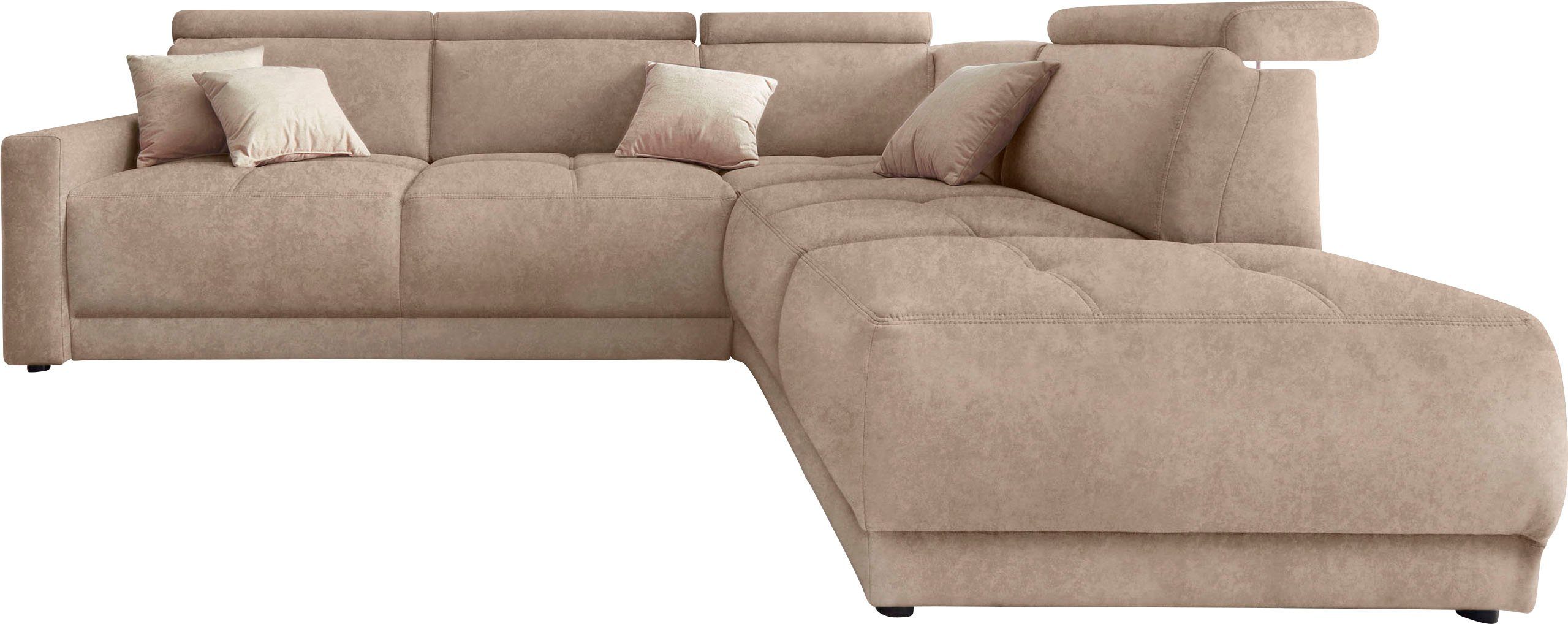 DOMO collection Hoekbank Ava, moderne zitstiksels met mooie dubbele naad, comfortabel, L-vorm met ottomane, inclusief veren, optioneel met hoofdeinde verstellingen
