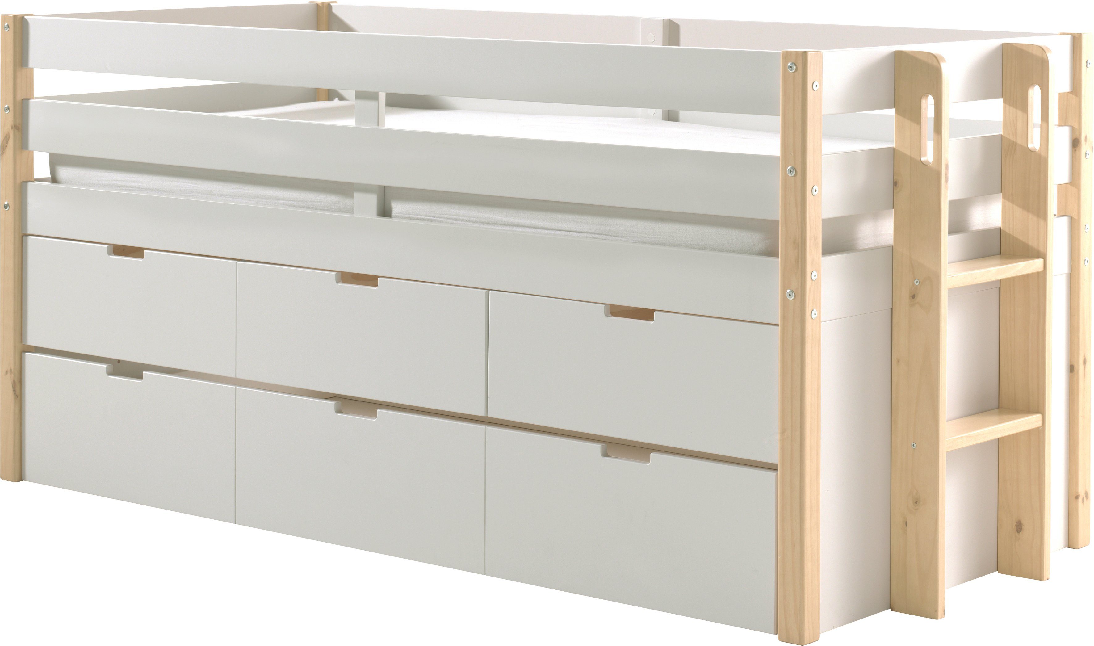 Vipack Hoogslaper Valbeveiliging, ligoppervlak 90x200 cm, lattenrol, uitvoering wit/naturel