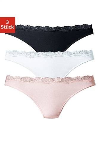 Lascana String van elastische katoen met delicate kant (3 stuks) dames strings maat 44/46 roze