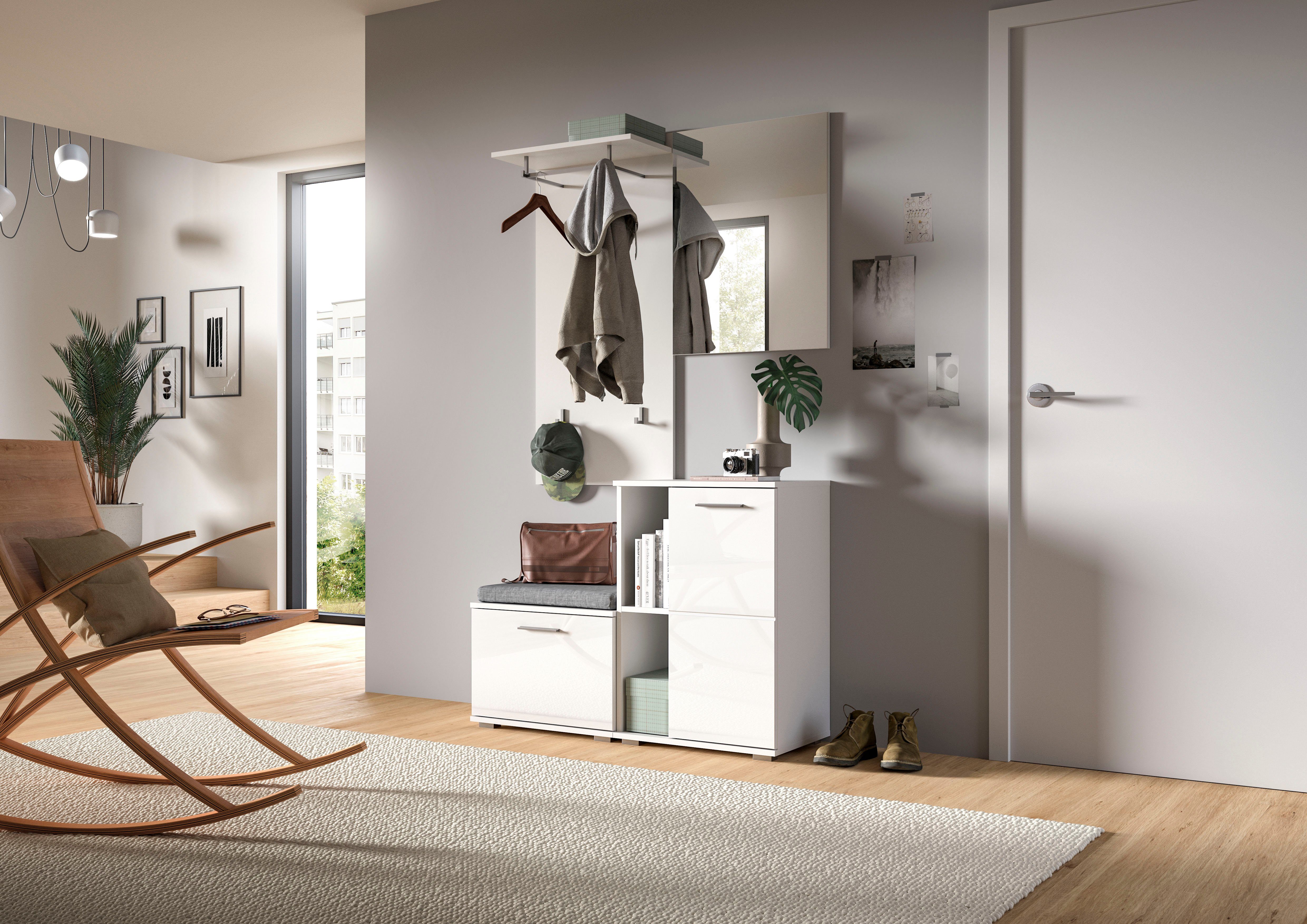 INOSIGN Halmeubelset Valge, Breedte 110 cm, 4-delig Set, bestaande uit: Zitbank, garderobepaneel, schoenenkast en garderobespiegel (4-delig)