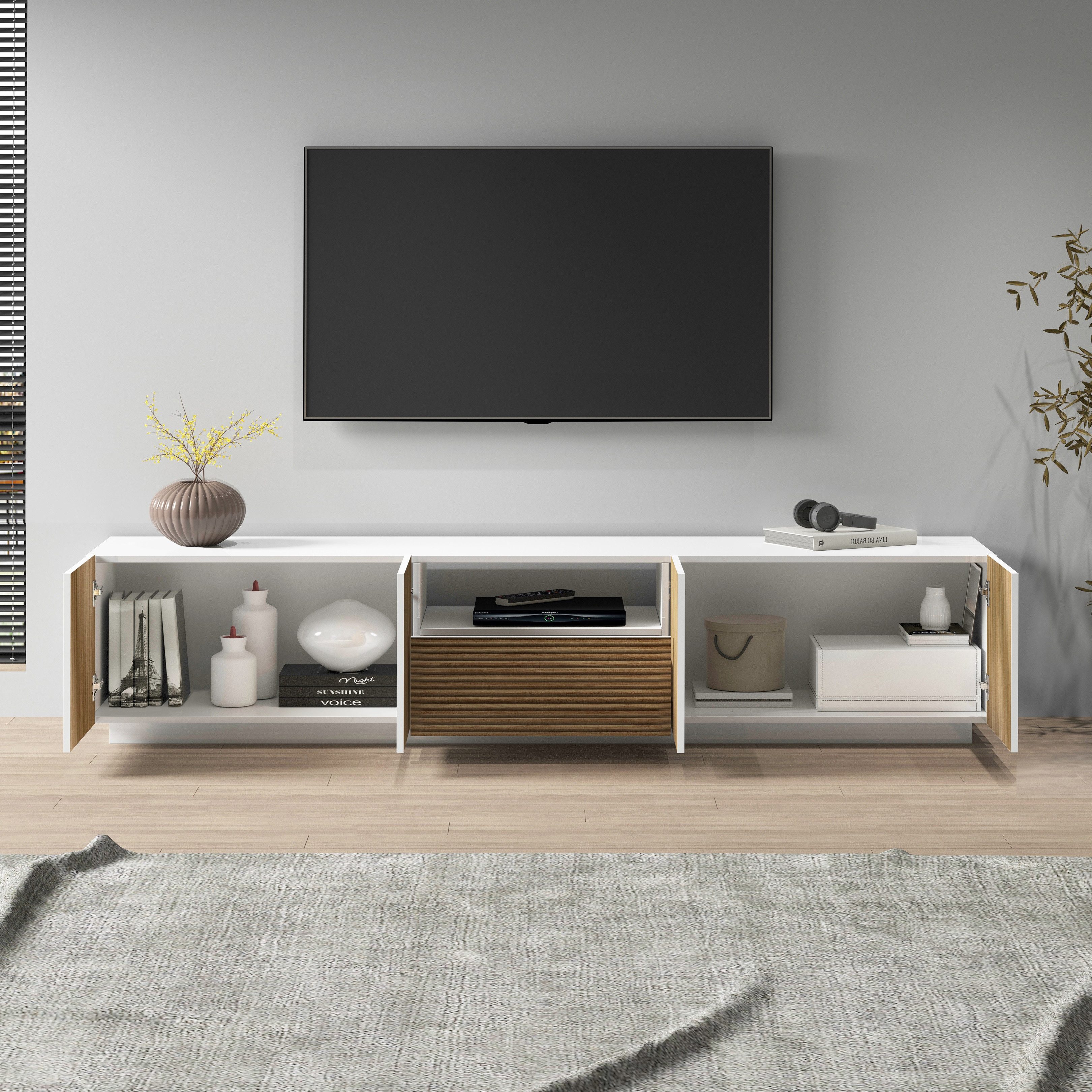 INOSIGN Tv-meubel Vega, Lowboard, TV-meubel, TV-kast, 220 cm met 4 deuren en 1 lade, fronten met groeflook