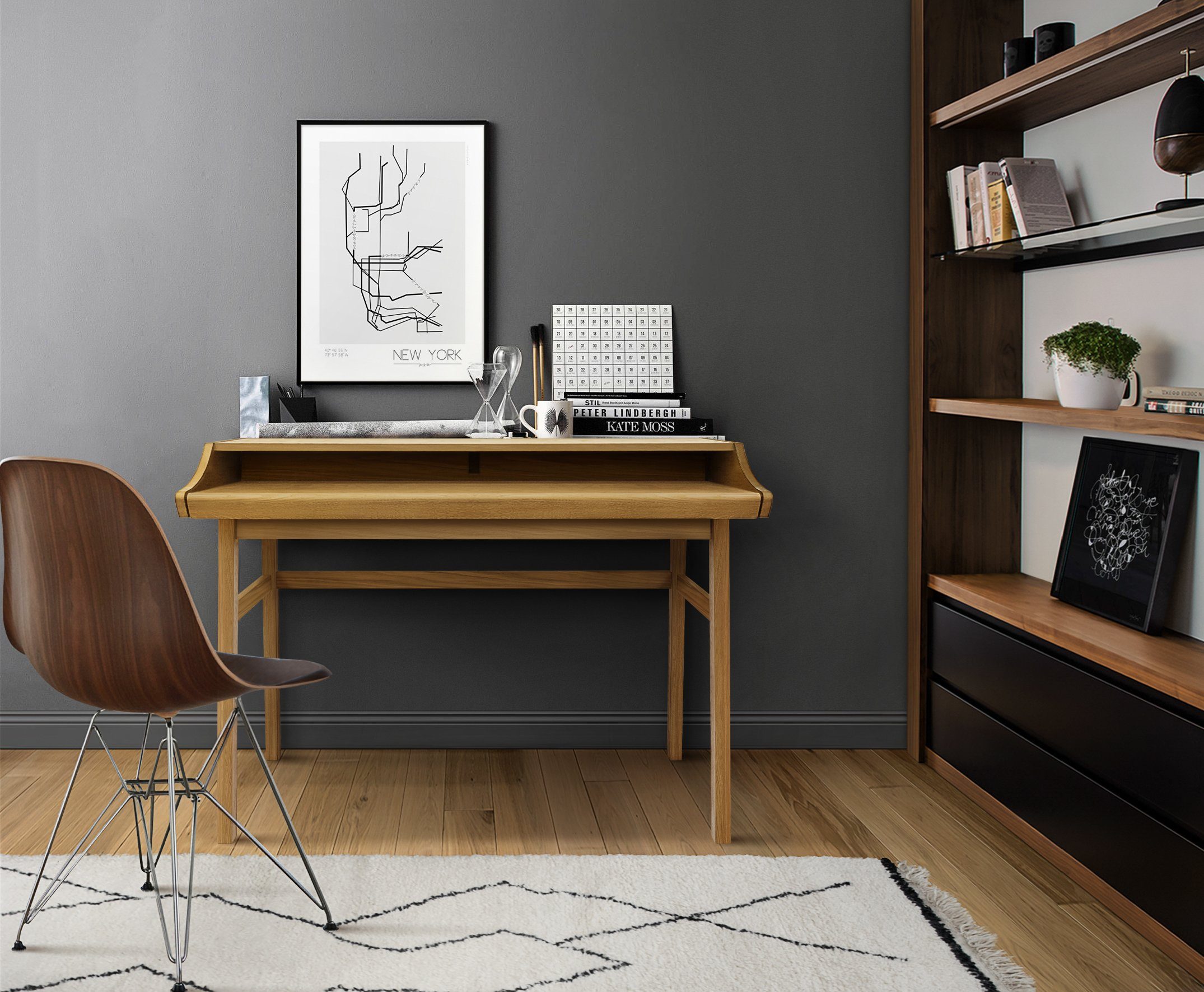 Woodman Bureau Carteret chique houtfineer van eiken, frame massief hout, breedte 115 cm