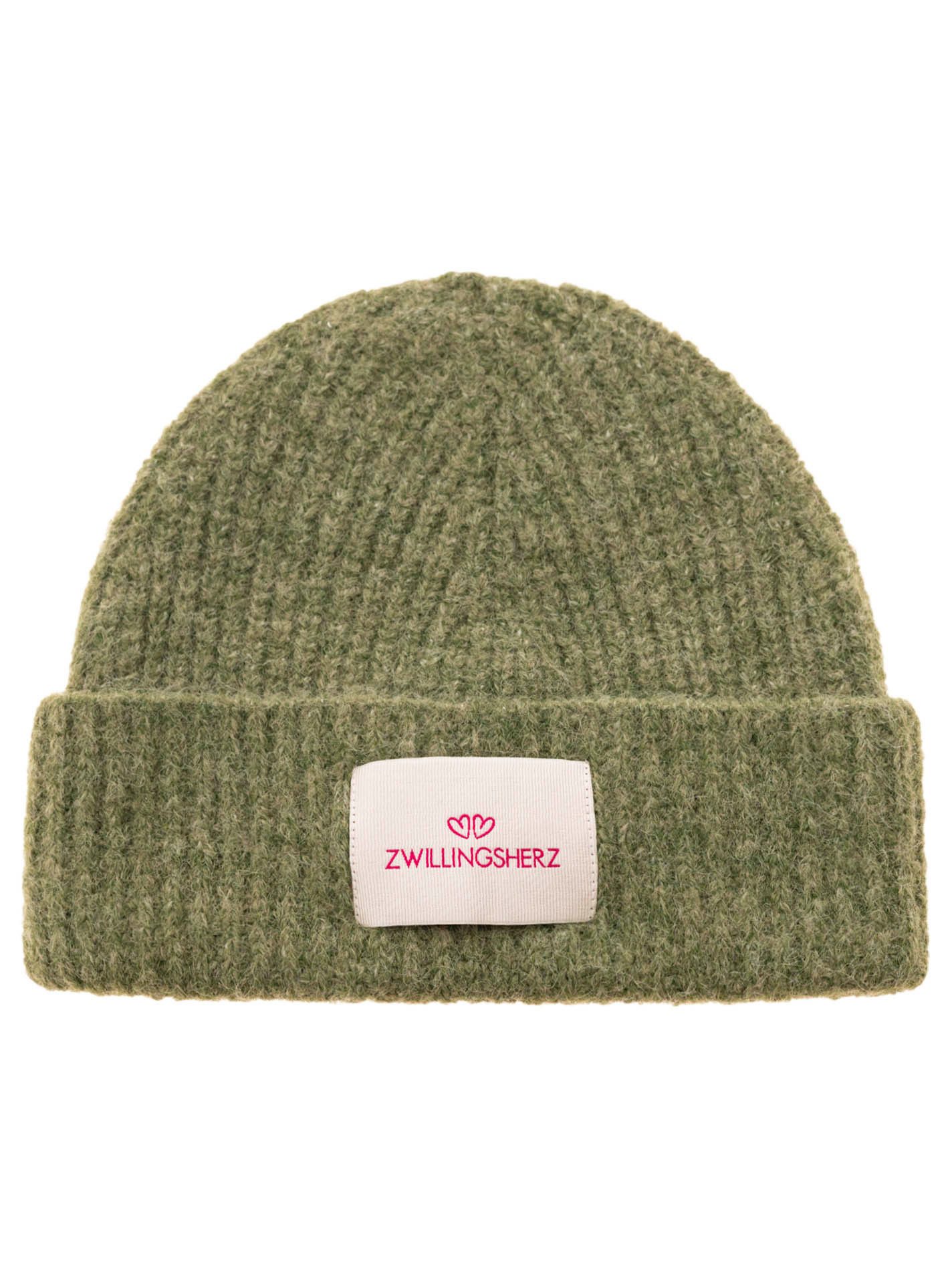 Zwillingsherz Gebreide muts Tweelinghart patch geribbeld, met wol en omslag, met patch