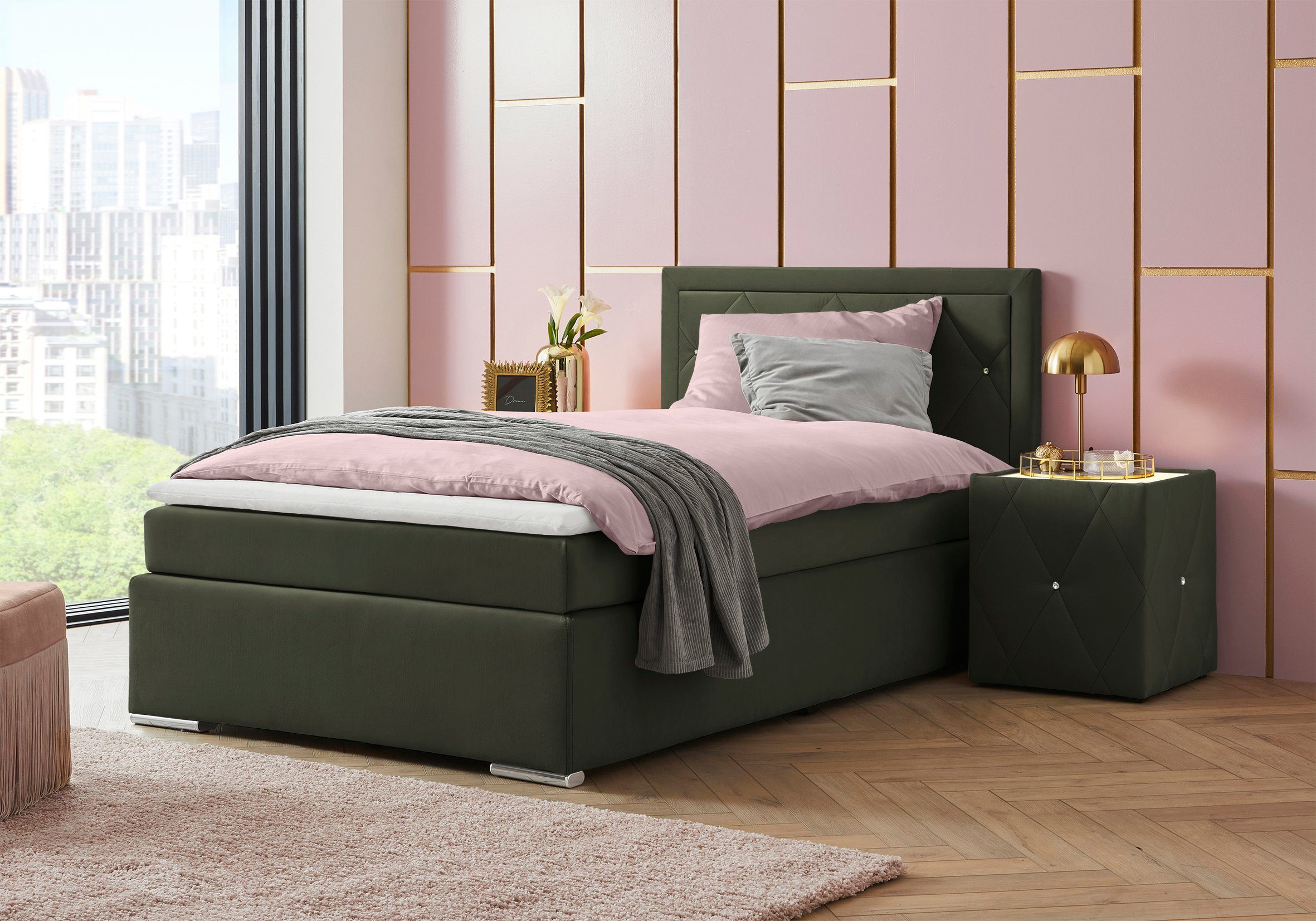Leonique Boxspring Alfie, bestseller, optioneel met bedlade met strassteentjes in het hoofdbord, h2, h3 en h4 ter keuze