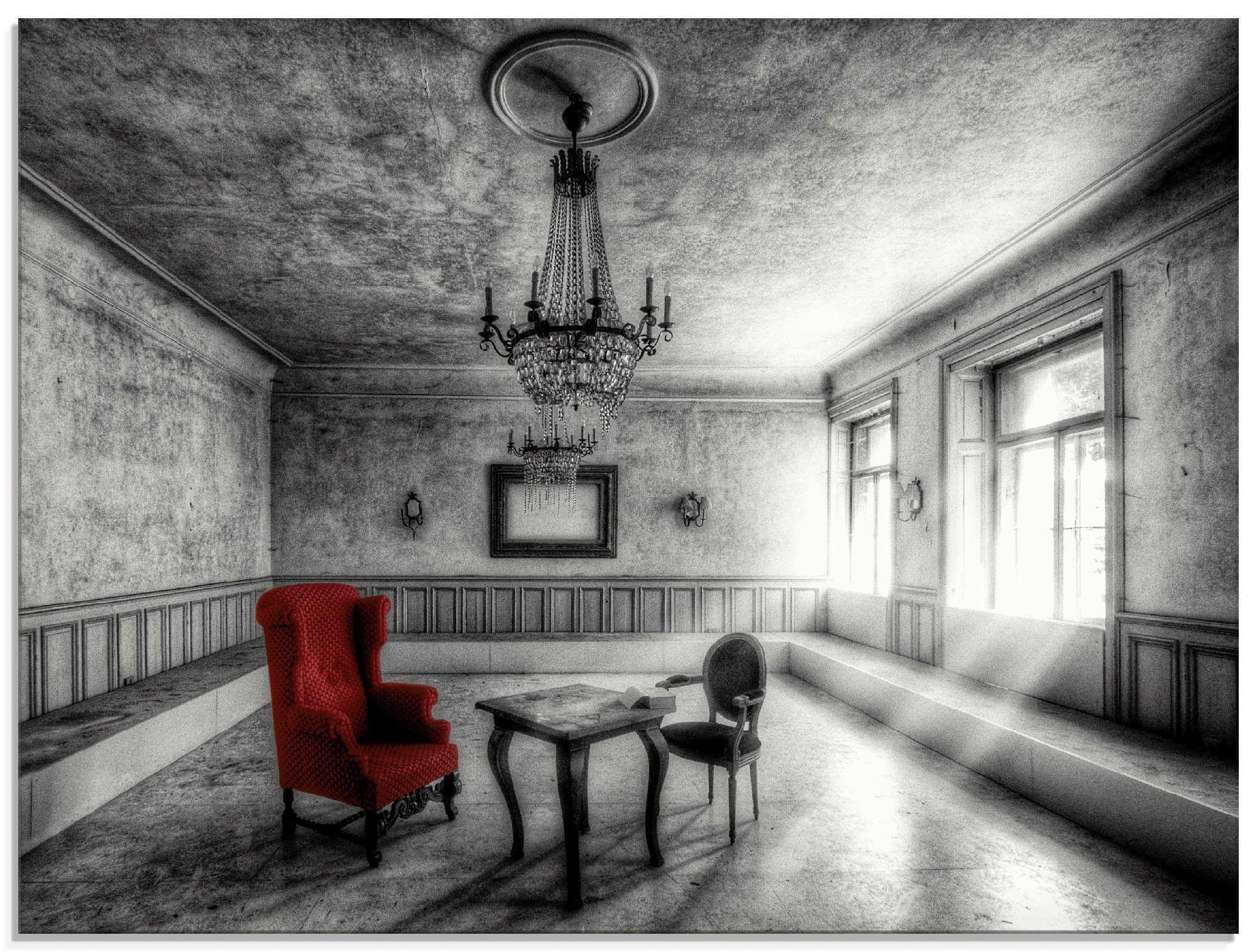 Artland Print op glas Lost Place - rode fauteuil glazen artprint zwart
