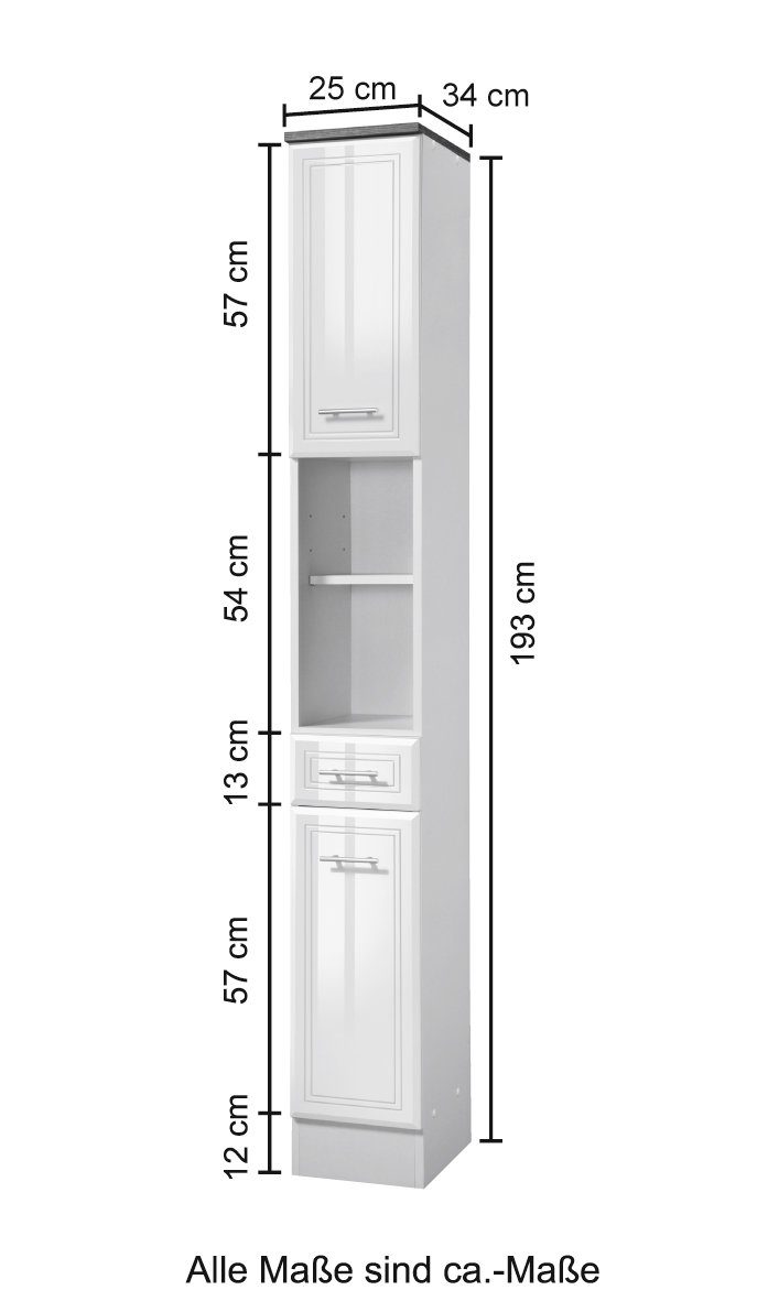 welltime Hoge kast Napels Breedte 25 cm, met hoogglansfronten en elegant freeswerk