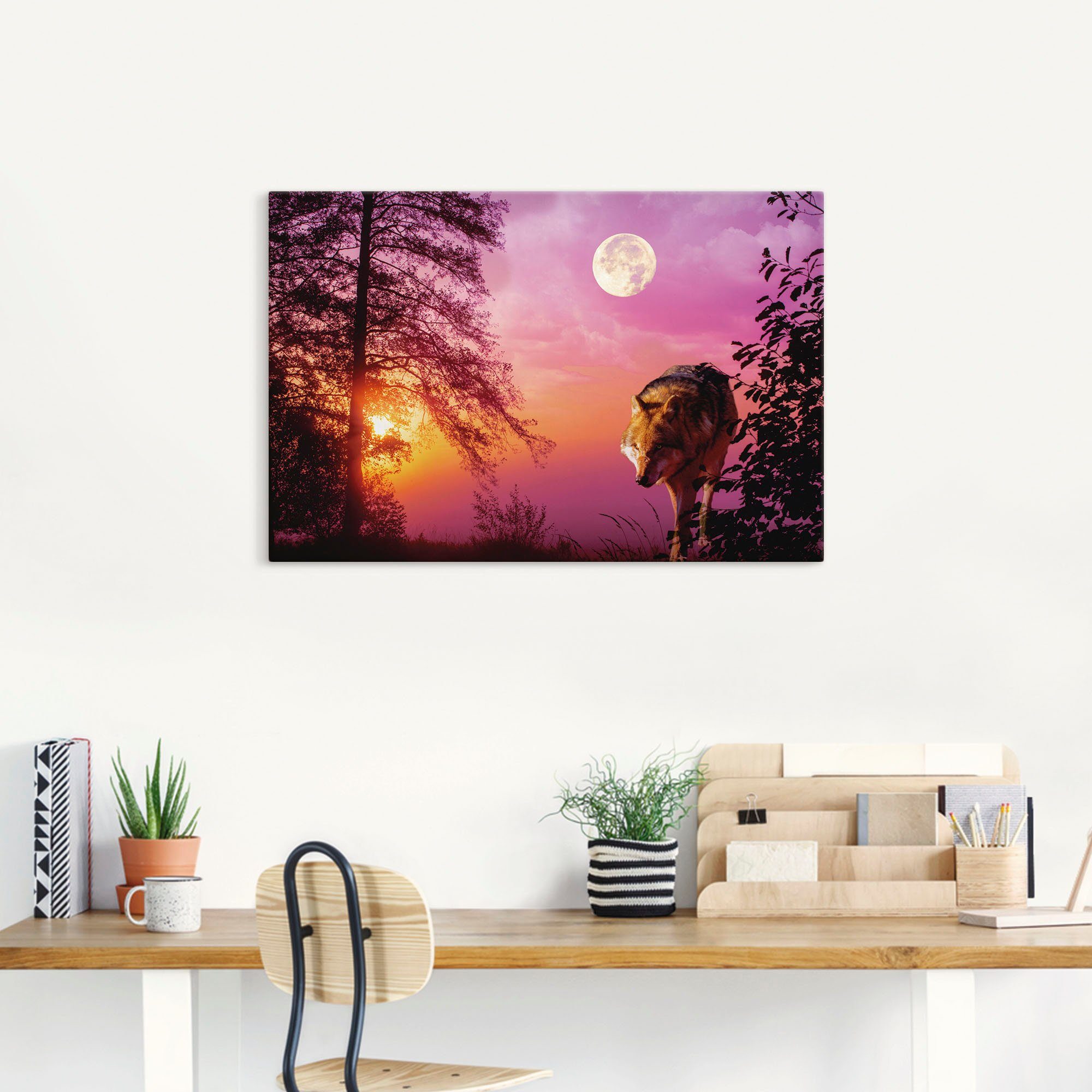 Artland Artprint Wolf bij volle maan als artprint van aluminium, artprint voor buiten, artprint op linnen, poster in verschillende maten. maten