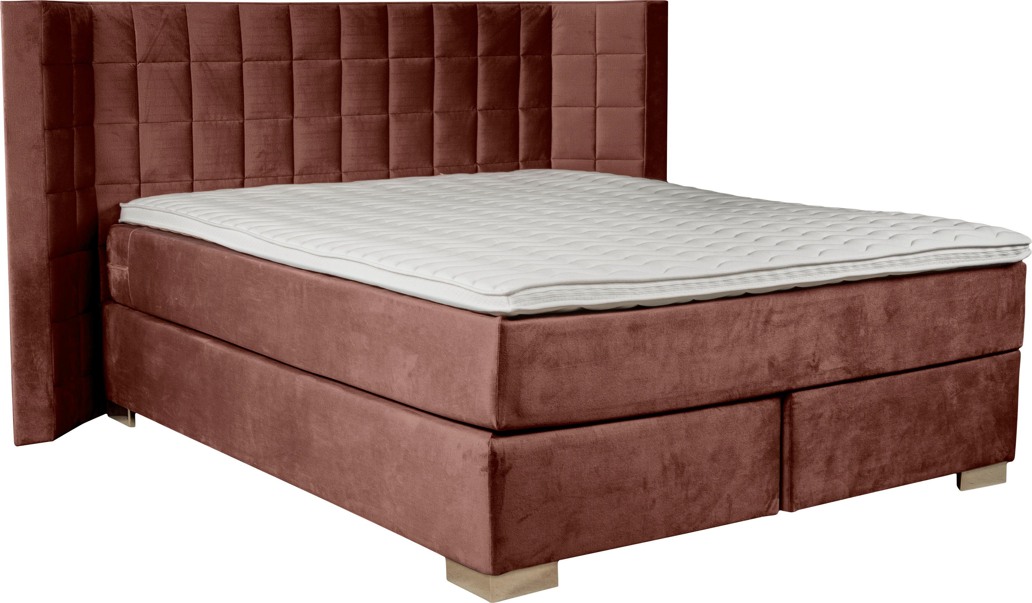 Places of Style Boxspring Piazza met stiksels en hoofdbord met vleugels opzij boxsprings roze
