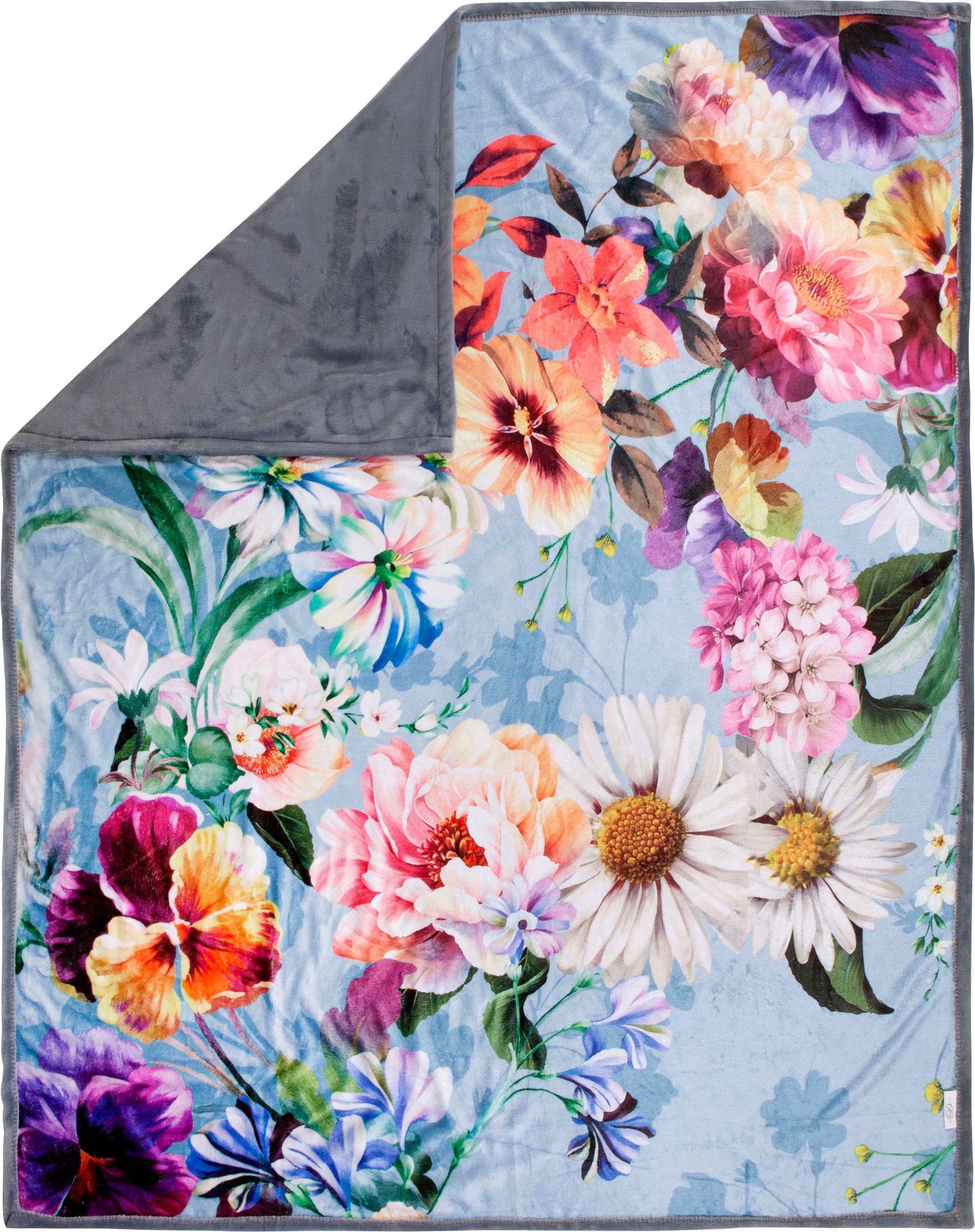 Descanso Plaid NOVARA Zeer zacht, knuffeldeken, 130x160 cm, omkeerbaar, bloemen, grijs
