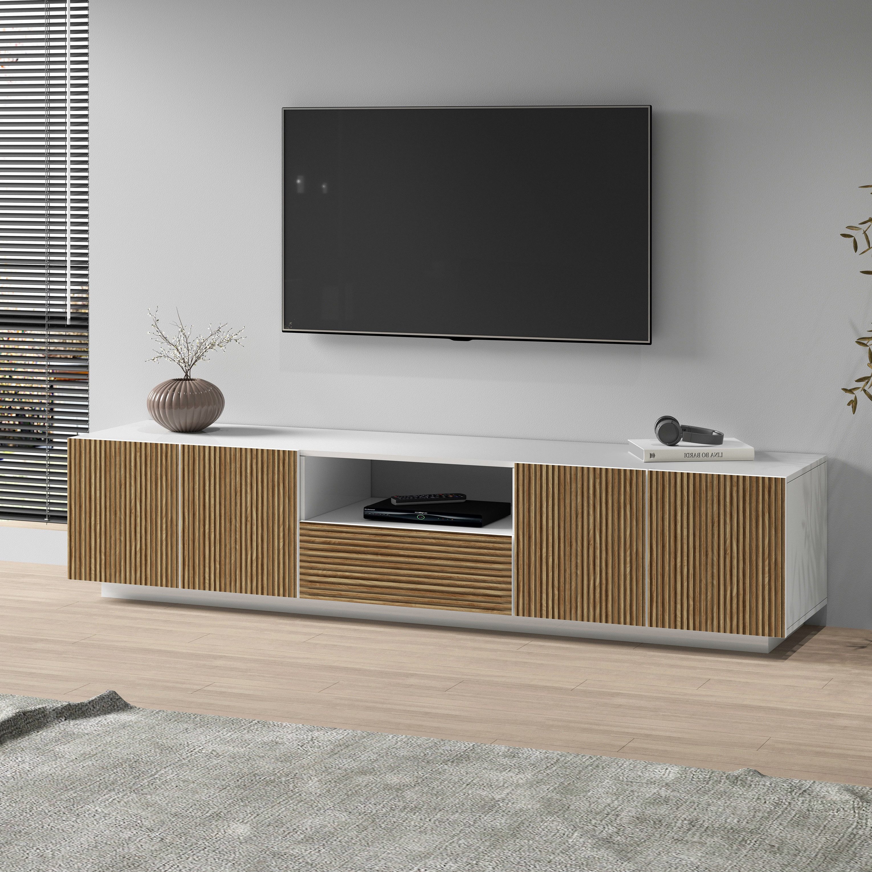 INOSIGN Tv-meubel Vega, Lowboard, TV-meubel, TV-kast, 220 cm met 4 deuren en 1 lade, fronten met groeflook
