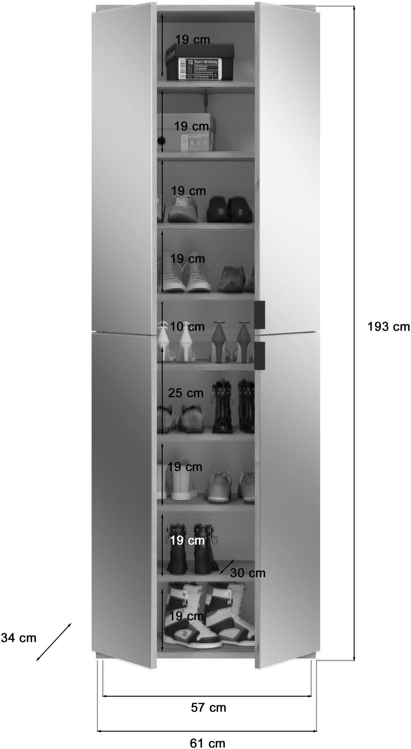 INOSIGN Schoenenkast Trondheim, Hoogte 193 cm, 4 Spiegelduren, 9 Vakken, 7 Planken