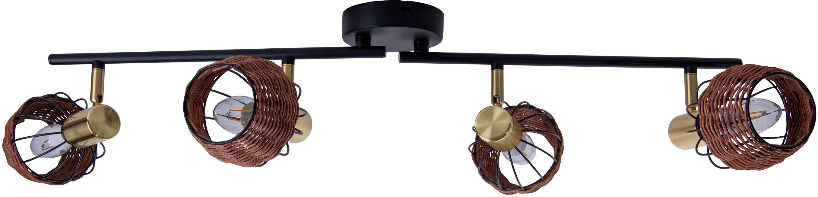 näve Plafondspotje Corbis 4 spots excl. e14 max. 40w zwart/natuur/goudkleur lengte 78 cm met rattan (1 stuk)