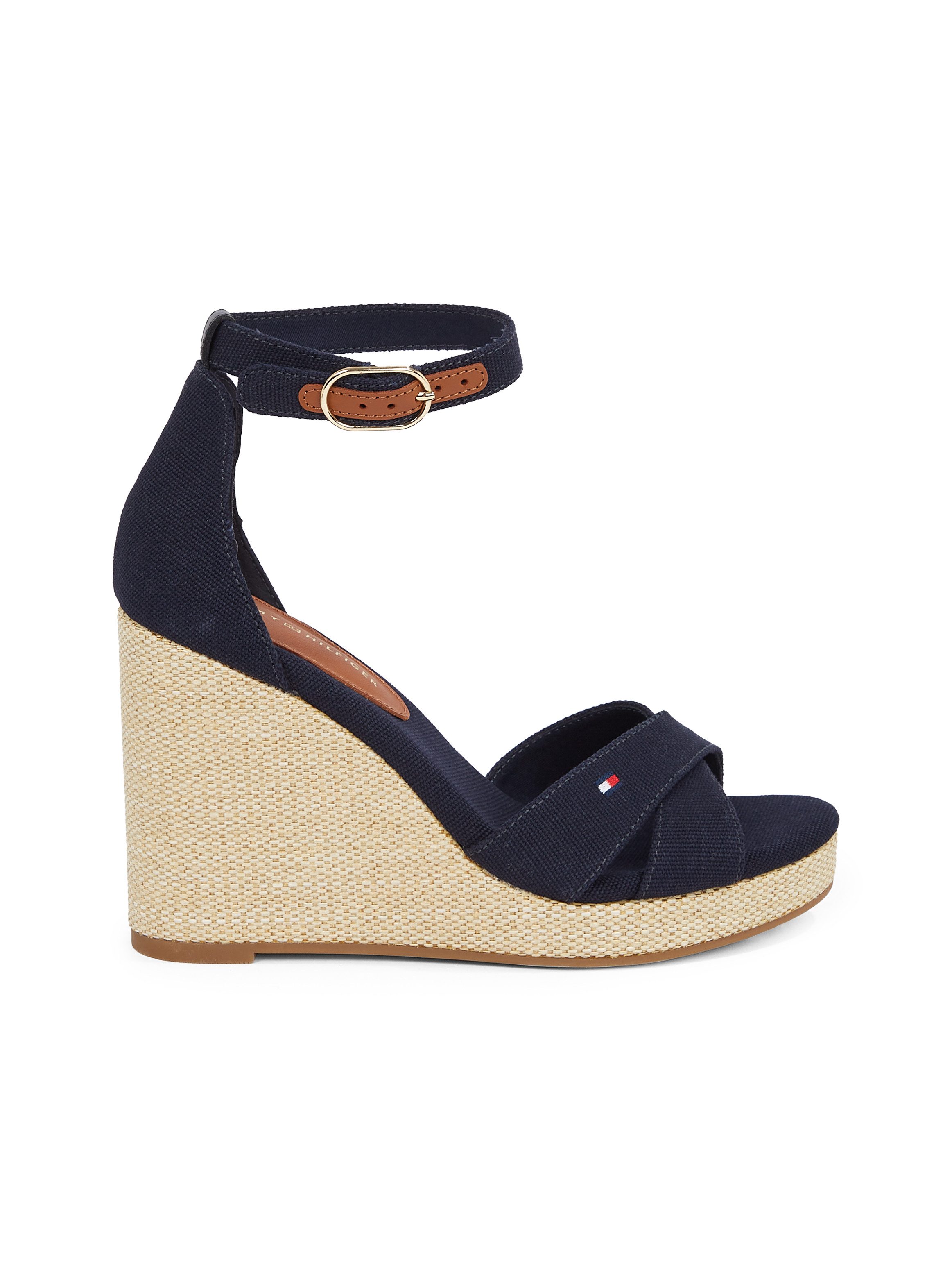 Tommy Hilfiger Highheel sandaaltjes FLAG HIGH WEDGE ESPAD CRISSCROSS , riemchensandaal, zomerschoen, sleehaksandalette, verstelbare gesp