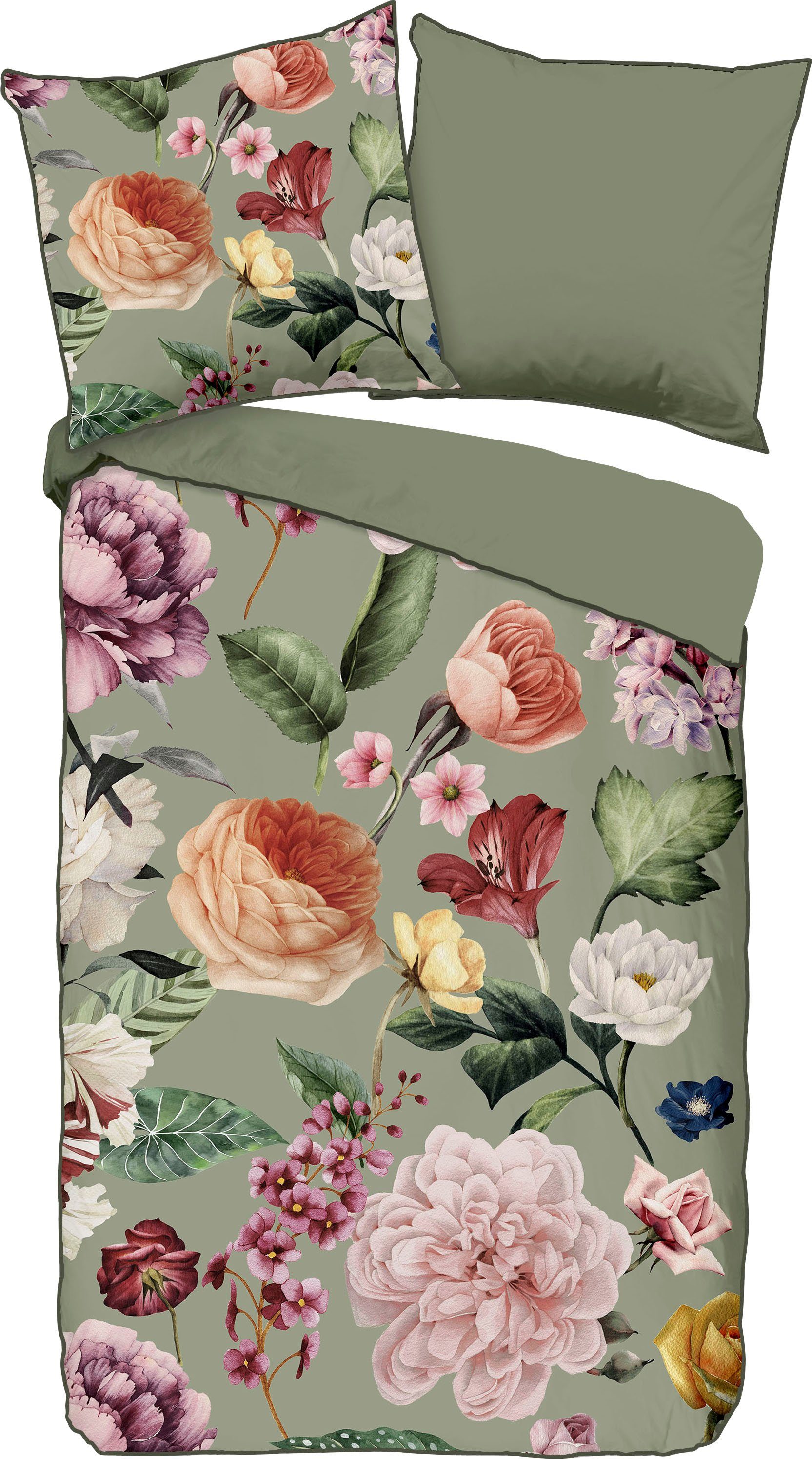 Descanso Tweezijdig te gebruiken overtrekset Fiori Katoen, Satijn, 135x200, Bies, Rits, Omkeerbaar, Bloemen Zand