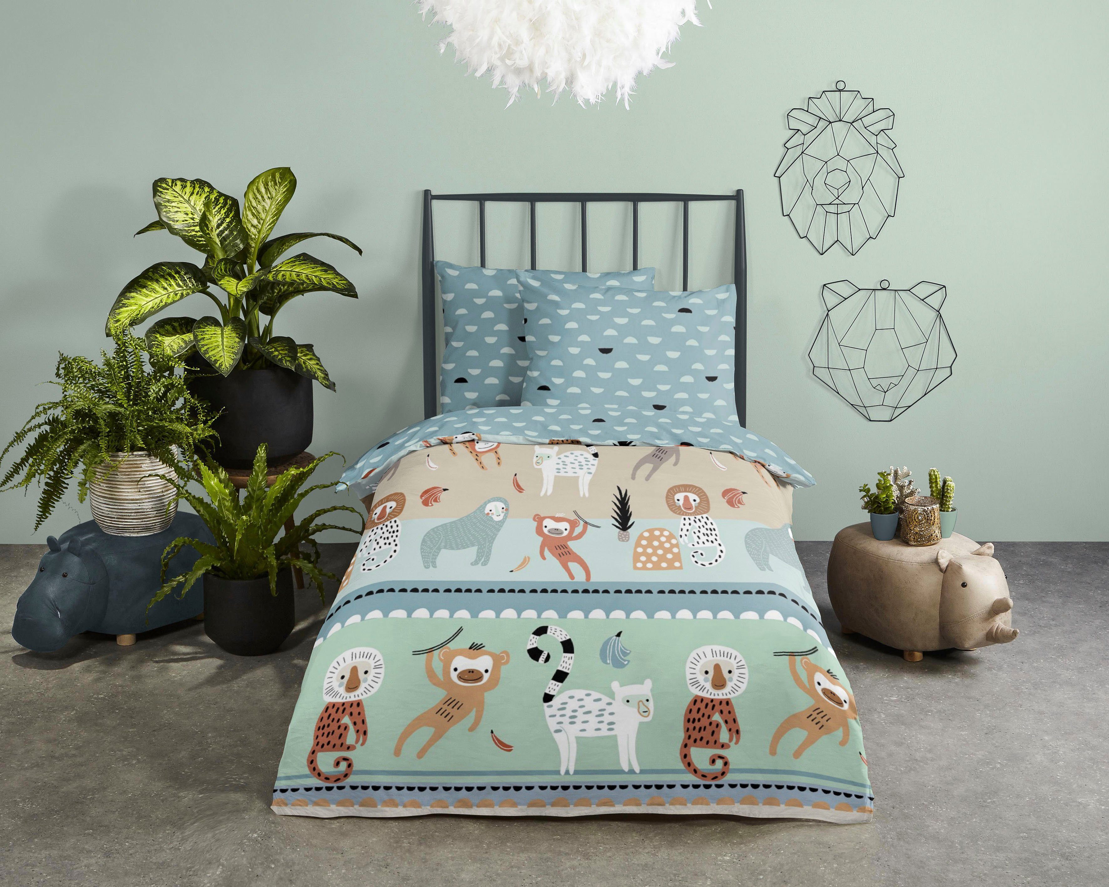 good morning Kinderovertrekset Play 100% katoen, 135x200, rits, omkeerbaar, kind, dier, aap (2-delig) dekbedovertrekken multicolor